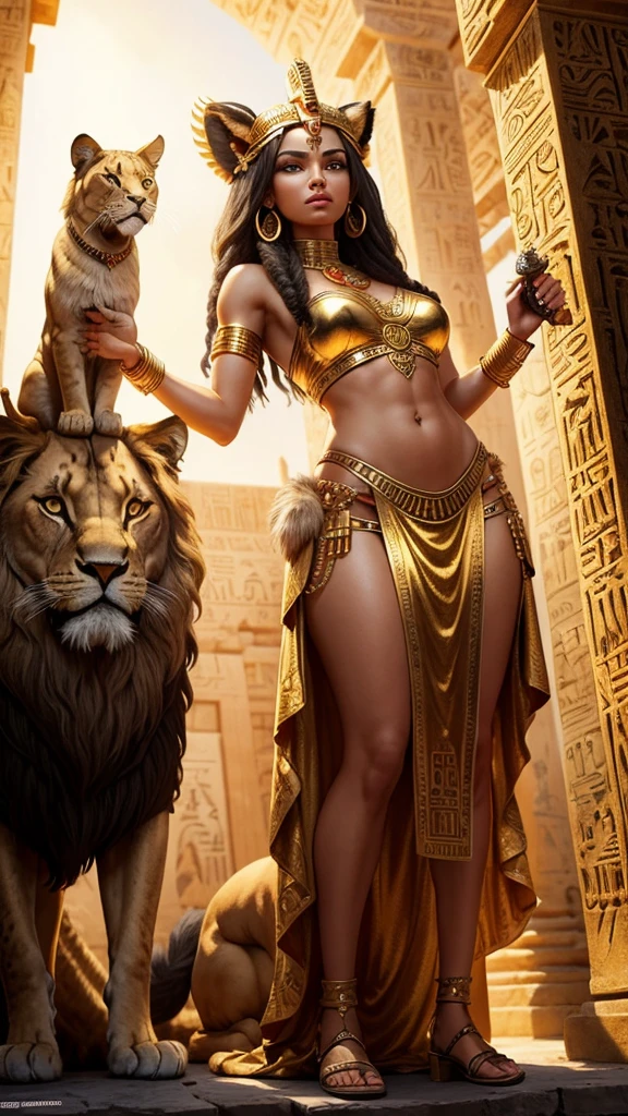 Arafed digital painting of a desert princess BREAK and her epic pet cougar in her palace high details, best quality, 16k, f a female human princess and her pet cougar, princess of the desert, full body, ((anatomically correct: 1.5)) ((standing: 1.5)) proudly royalty demeanor, a woman, (best detailed face: 1.5), Ultra Detailed face, ((human ears: 1.3)), wearing royal desert dress, decorated with gems, wearing princess tiara, small cleavage, thigh high intricate leather high heeled boot, thick hair, long hair, brown hair, tan skin intense brown eyes, her epic desert (cougar : 1.3) lying at her feet, guarding her, an epic fantasy desert palace in an oasis in the background (intricate details, Masterpiece, best quality: 1.5) night, moon light, stars ,Wide-Angle, award winning, best quality, high quality, high details, highres, vibrant, Ultra-high resolution, High Contrast, (masterpiece:1.5), highest quality, Best aesthetics, best details, best quality, highres, ultra wide angle, 16k, [ultra detailed], masterpiece, best quality, chumbasket art style, Cinematic Hollywood Film, 