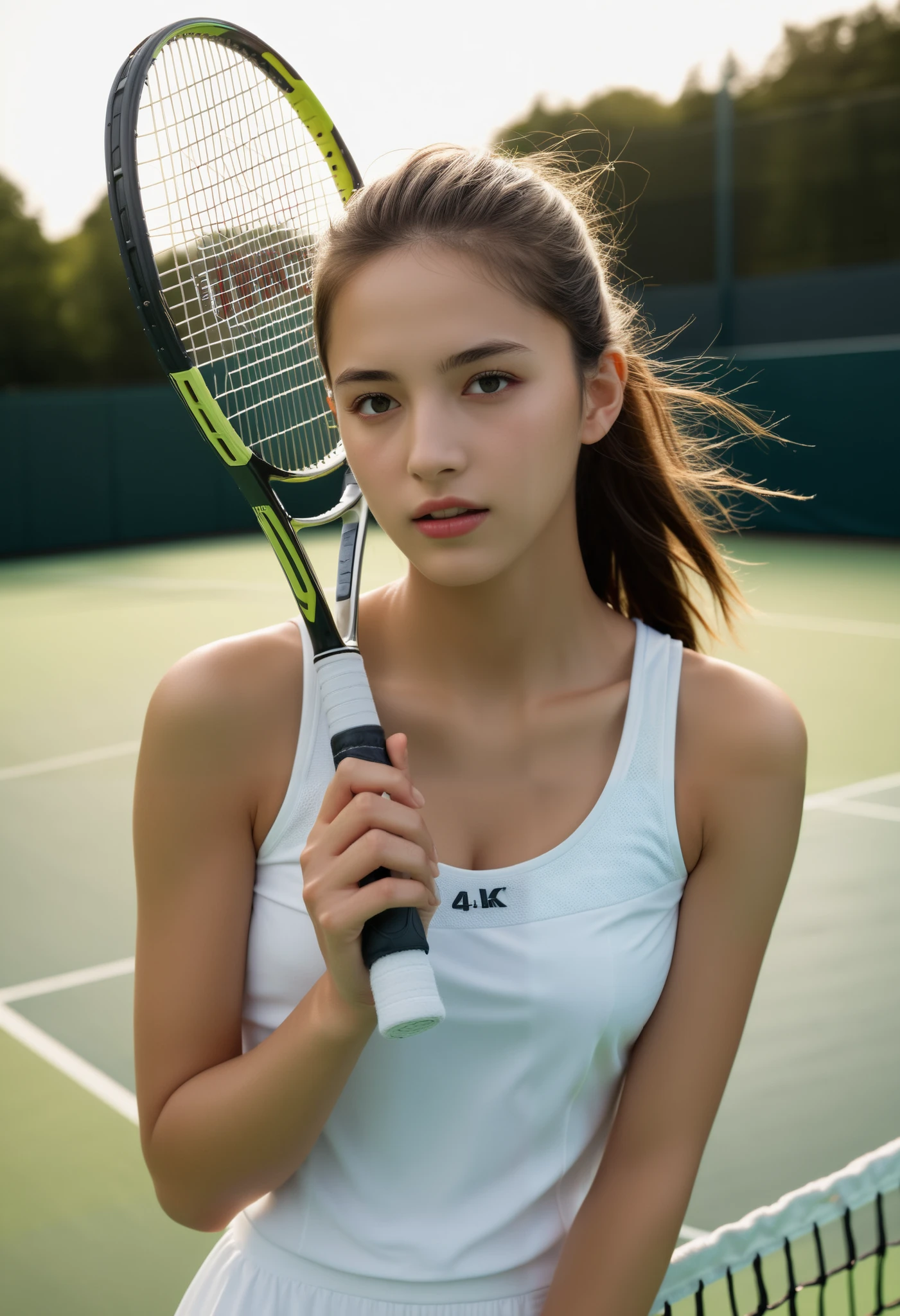 Score_9, Score_8_up, Score_7_up, Score_6_up, Score_5_up, Score_4_up, (super realistic photo:1.6), beautiful digital photo, Beautiful detailed realistic digital art,a beautiful young girl is playing tennis, having a stunning racket, detailed face and eyes, long eyelashes, super detailed moist skin texture, beautiful expression, athletic pose, tennis outfit, tennis court background, (best quality,4k,8k,highres,masterpiece:1.2),ultra-detailed,(realistic,photorealistic,photo-realistic:1.37),studio lighting,vibrant colors,natural lighting