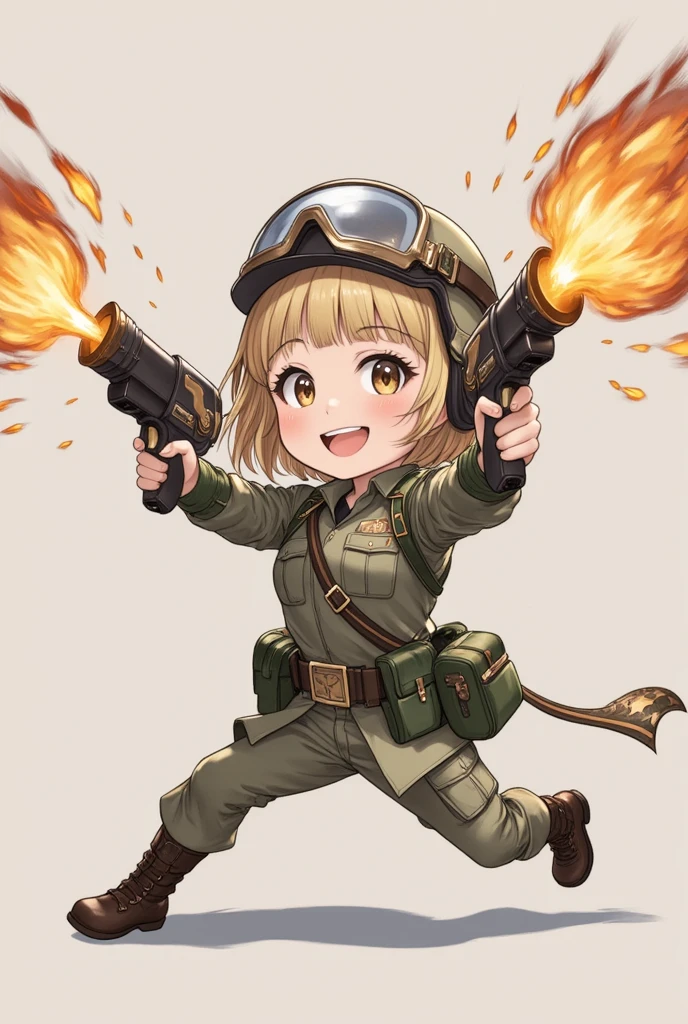 chibi pretty woman, holding two grenade launchers and firing them, blonde, blunt bangs, grin, camouflage colored military uniform, helmet, manga illustration art, ultra detailed, absolutely resolution, masterpiece