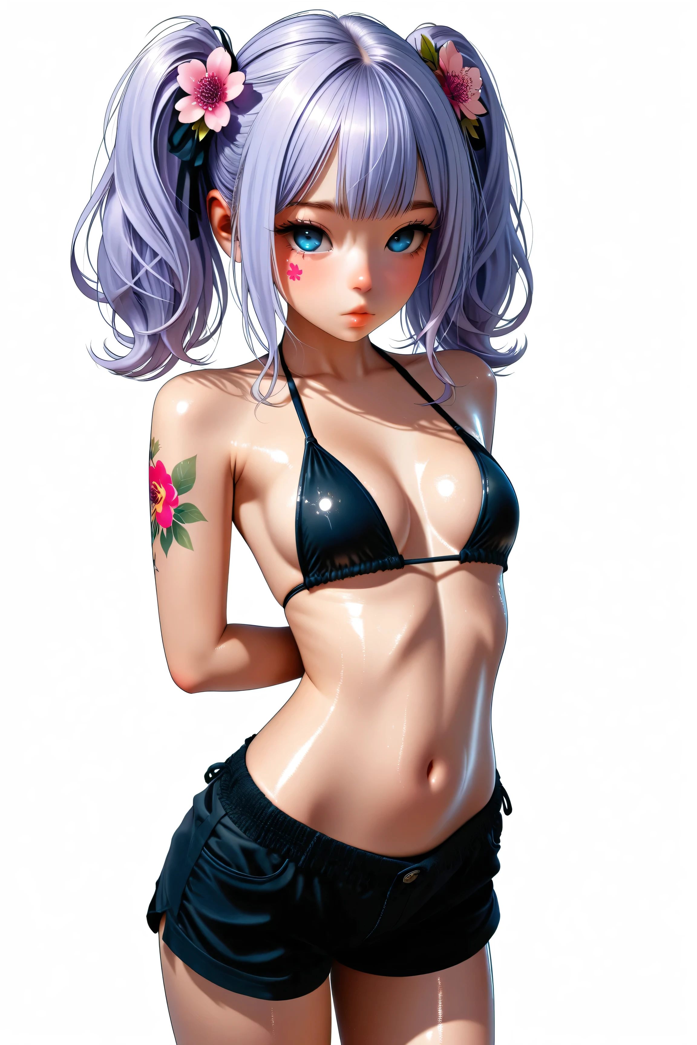cute asian , light purple hair, twin tails, flower tattoos, blue eyes, slim, perfect breasts , petite, shiny skin, bikini top, shorts, White background