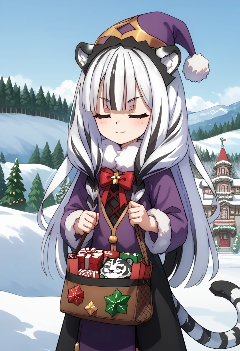 ((masterpiece)), 1girl, solo, long hair, white tiger ears, white tiger tail, closed eyes, sly smirk, krampus outfit, purple outfit, black outfit, multicolored outfit, xmas hat, hiding in bag with gifts, xmas scenery, shortstack, cute, snow all around, winter.