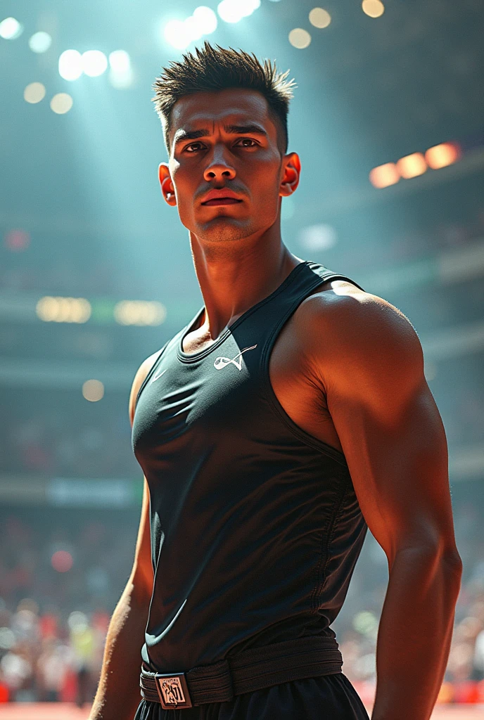 white guy in cyberpunk style. against the backdrop of a basketball court. portrait photography. high quality. detailing. good lighting. ultrarealism. stands upright and looks at the camera