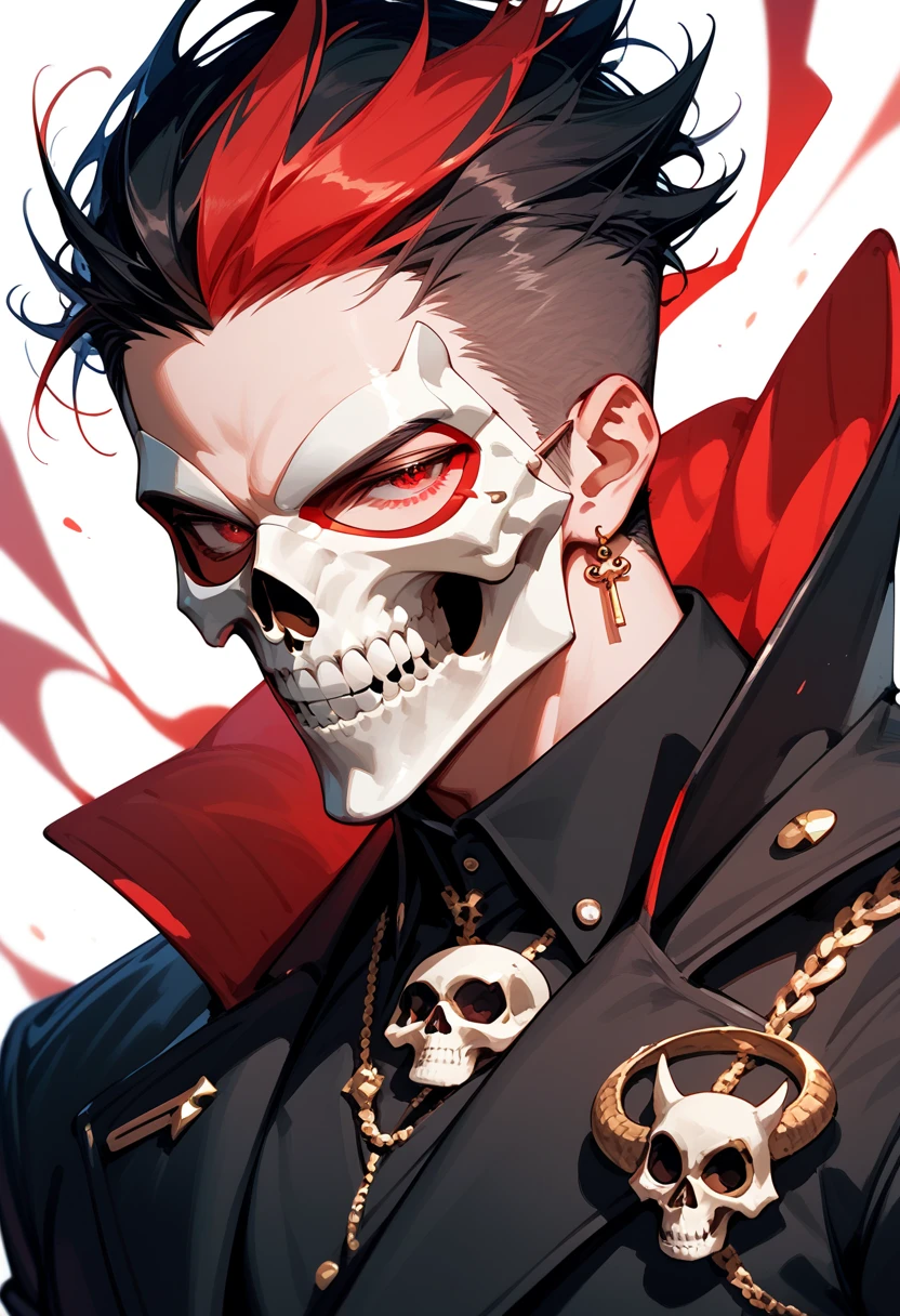 1 person,, men in suits, skull masks, mafia shirts, wear gloves ,Multicolored hair, red, white  ,, in red eyes, right eye,The mask covers half the face.