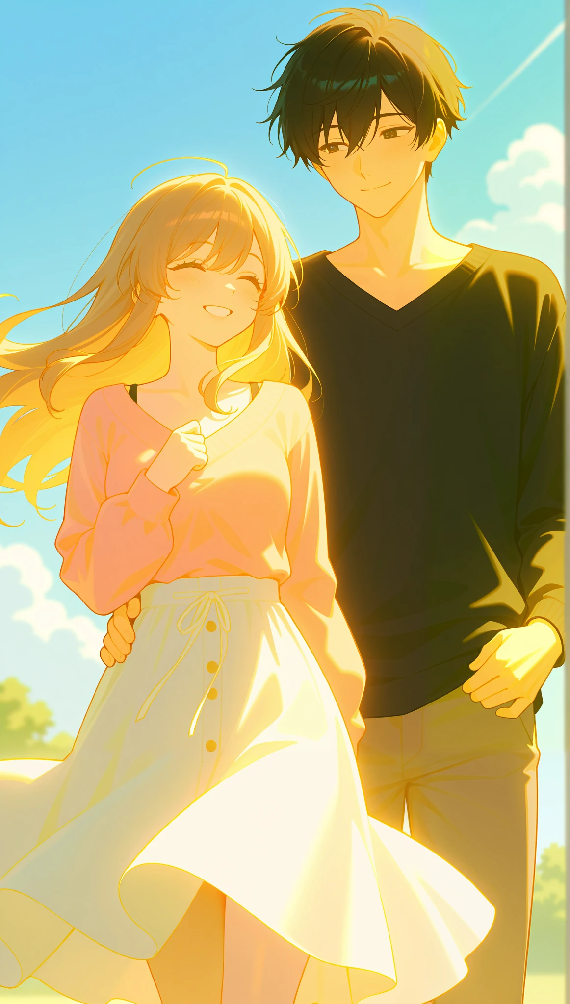masterpiece, anime, kawaii, romantic, best quality, 2others, couple, mature, Adult, height difference, different fashion, different colors, casual clothes, long sleeves, smile, happy, love, spinning wind, blue sky, Man with long hair, Man with light brown hair, woman with black hair, woman with black hair