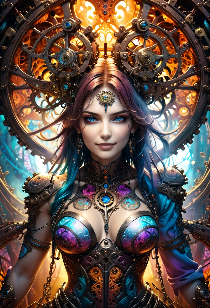 A dreamlike surreal tree of life, colorful ethereal smoke, insane hyperdetailed intricate steampunk details, intricate machinery, highly detailed gears, complex mechanical parts, vivid colors, dramatic lighting, cinematic atmosphere, photorealistic, 8k, best quality, masterpiece, conceptual installation fantasy art, execution tool, beautiful woman smiling fearlessly inside (iron maiden), attractive and seductive face, covered in tattoos, superlative body proportion, countless iridescent dust falling, rust, chain, Heaven and Hell fusion, (ultra detailed, absolutely resolution, best quality:1.3), 2.5D, delicate and dynamic, graphic CG digital art