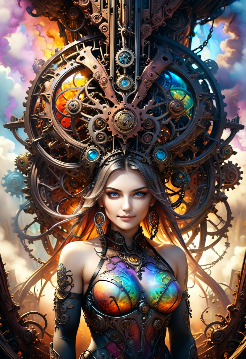 A dreamlike surreal tree of life, colorful ethereal smoke, insane hyperdetailed intricate steampunk details, intricate machinery, highly detailed gears, complex mechanical parts, vivid colors, dramatic lighting, cinematic atmosphere, photorealistic, 8k, best quality, masterpiece, conceptual installation fantasy art, execution tool, beautiful woman smiling fearlessly inside (iron maiden), attractive and seductive face, covered in tattoos, superlative body proportion, countless iridescent dust falling, rust, chain, Heaven and Hell fusion, (ultra detailed, absolutely resolution, best quality:1.3), 2.5D, delicate and dynamic, graphic CG digital art