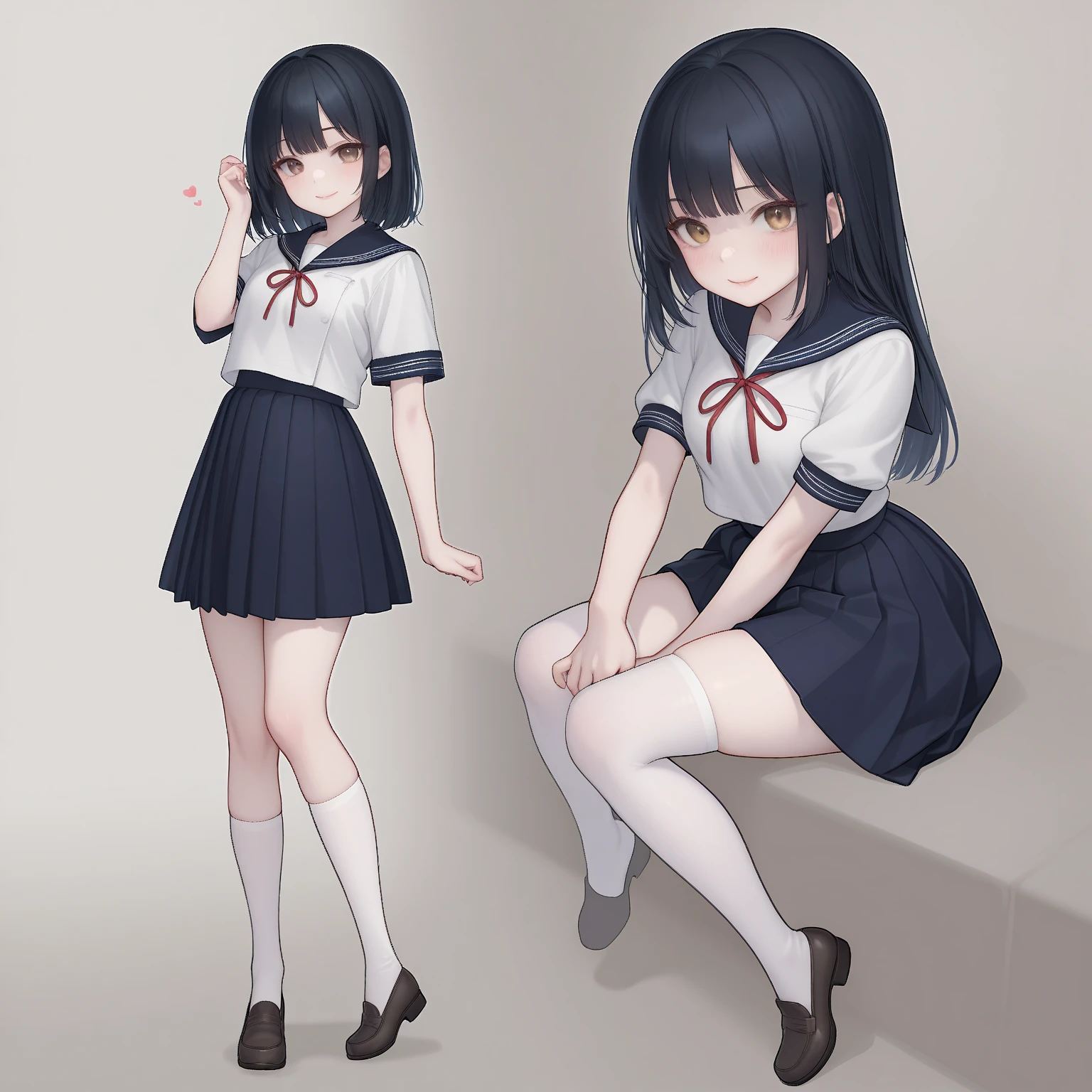 Anime-style illustration of Yuki, an 18-year-old petite Japanese girl with a height of 130 cm and a slender, doll-like physique. She has flawless, pale skin with a rosy undertone and a heart-shaped face. Her large, almond-shaped brown eyes are framed by long, dark lashes, and she has fine, delicately arched eyebrows. Her lips are full and pink, often curled into a mischievous smile. Yuki’s jet-black hair is long, silky, and waist-length, often tied with a small red ribbon or a simple clip.

Yuki wears a Japanese school uniform consisting of a short-sleeved white blouse with a navy-blue sailor collar that has two white stripes. A red ribbon is tied in a neat bow at the front of the blouse. Her navy-blue pleated skirt sits high on her waist and ends mid-thigh, with a thin white trim along the hem. She wears white knee-high socks that reach just below her knees, leaving a playful gap of exposed skin between her skirt and socks. Her shoes are classic brown leather loafers with a slight heel.

Her pose is relaxed and playful, showcasing her mischievous and confident personality. She has a carefree aura, and her expression conveys her teasing and charming nature. The background should reflect a light, carefree atmosphere, possibly hinting at a school environment or a comfortable lounging spot.