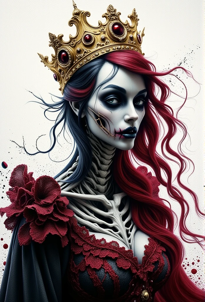 ((masterpiece)) ((photography)) ((Highest quality))  A dark and melancholic acrylic painting in impasto style, depicting a queen who is half-alive, half-skeletal, facing the viewer. She wears a radiant golden crown and a lace gown intricately adorned with fine details. The artwork contrasts the vitality of her living side with the starkness of her skeletal half, embodying the dramatic interplay of life and death. Her dynamic, flowing hair adds a surreal and romantic touch, while accents of gold and ruby red enhance the richness of the composition. The high-contrast palette features bold blacks against a white background, with ethereal splashes and delicate drops adding depth and mystery. The lacework and bone structure are rendered in exquisite detail, capturing the essence of dark fantasy and somber beauty.