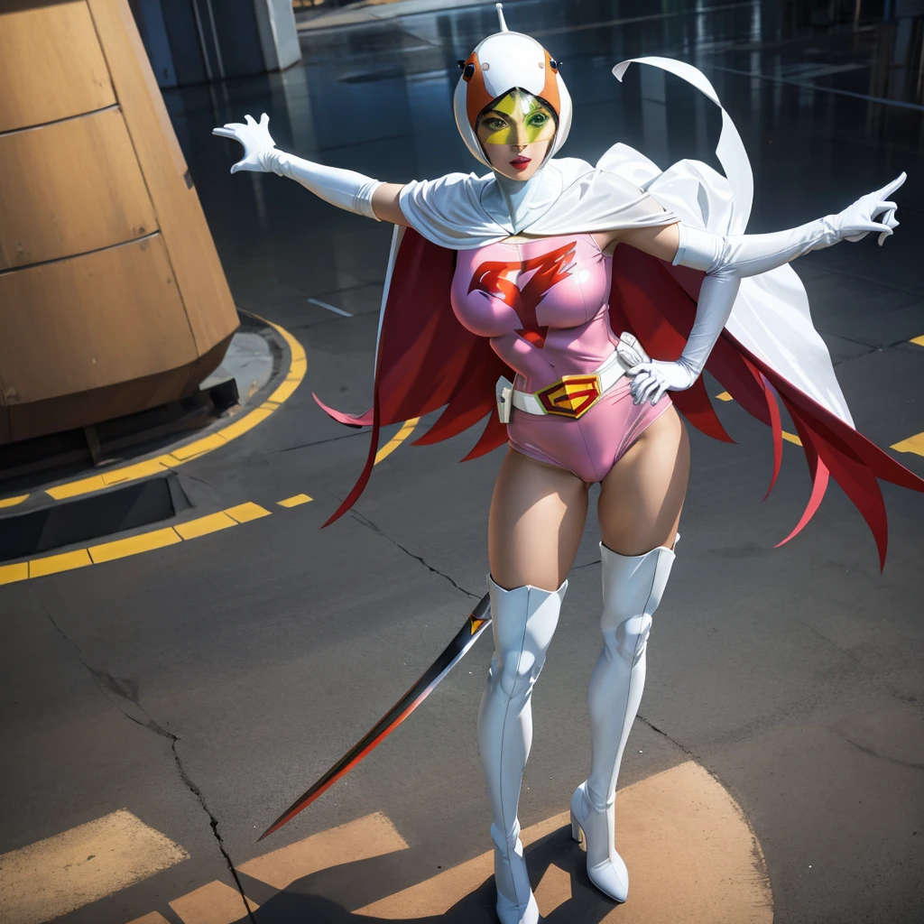 ANI_CLASSIC_jun_gatchaman_ownwaifu,1girl, 15yo,good anatomy, masterpiece, best quality,realistic, hyperrealistic, 16k hdr, long hair,breasts,green eyes,lips,large breasts,lipstick,makeup,gloves,cape,helmet,belt,elbow gloves,white gloves,mask,ultra miniskirt,leotard,spacesuit,white tight overknee highheels boots,pink dress,superhero,bodysuit,cleavage,erected nipples,(sexy pose,from below:1.2),(spread legs:1.1),cameltoe
