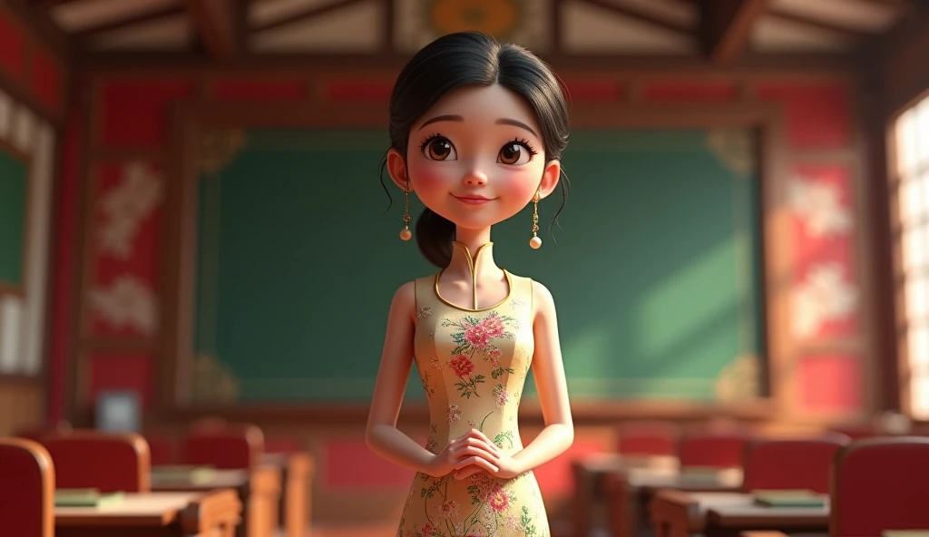 金と赤のアオザイを着た女性のCartoon characters、at the library、She has a very short blonde pixie-style animated character hair, Stylized characters, Animation-style rendering, 3d stylized, Arnold Maya rendering, Stylized 3D rendering, toon render keyshot, 3D text, 3D text, Stylized 3D rendering, 3D textレンダリング, Cartoon characters, Close-up persona, Text pose, (Pixar-style) (Master part:1. 2) (Bokeh) (Highest quality) (Detailed skin) (Detailed Texture) (8k) (Argilla) (Cinematic Lighting) (Sharp Focus)、Big Breasts
