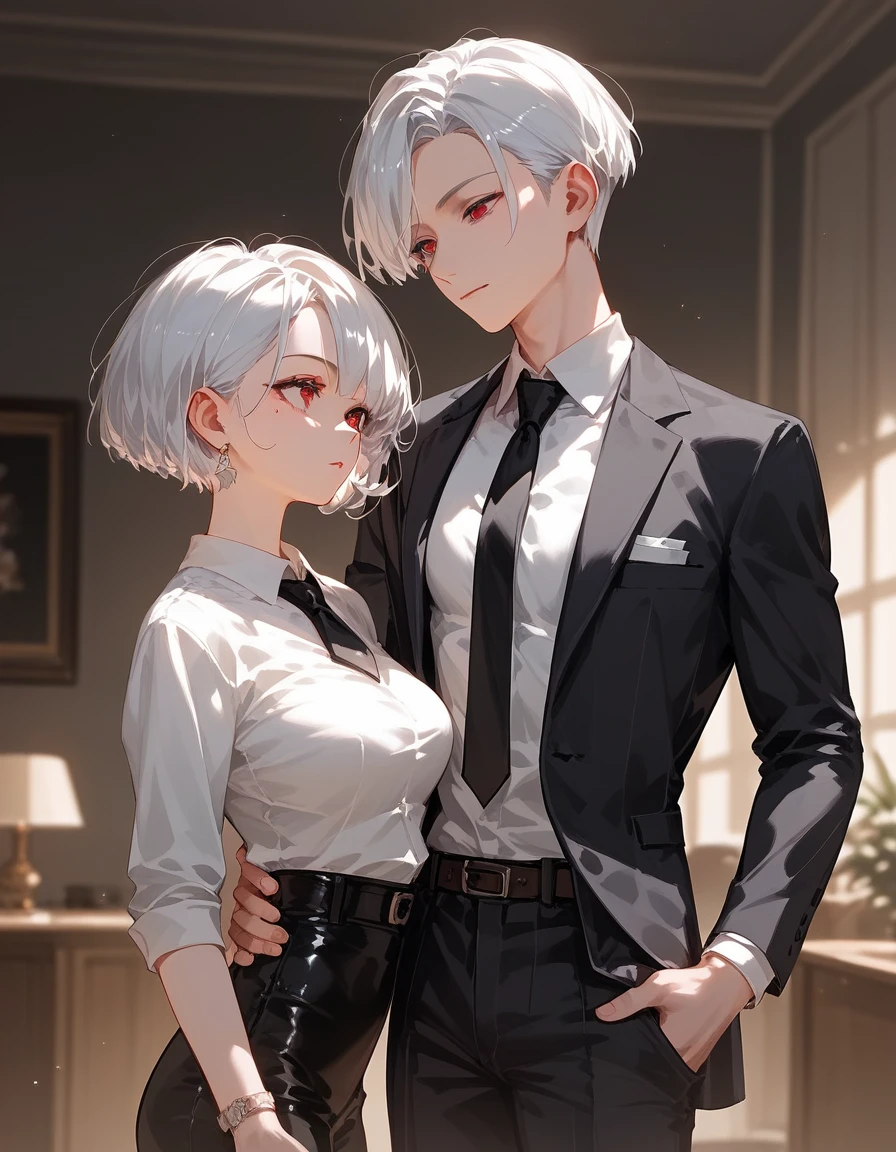 1 person,girl,Short hairบ๊อบ,Short hair, in red eyes ,Mole under the eye, Medium Breasts,Suit,I closed one side., white shirt,Black tie, Trousers, dark edges,White hair