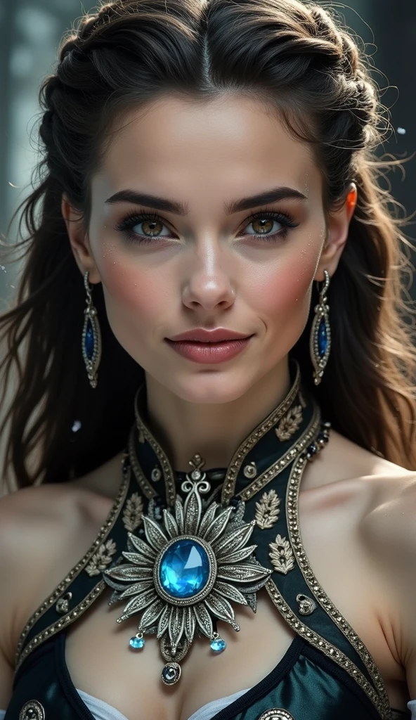 UHD, masterpiece, anatomically correct, Super detailed, surrealism, gray hair, beautiful female model, smooth skin, (Victorian style maxi dress with intricate embellishments), necklace, ring accessories, head piece, wavy hair, perfect face, beautiful face, charm, big and gorgeous eyes, blue eyes, red lips, dark makeup, glamorous body, (big ass), (wide hips), movie light effects
