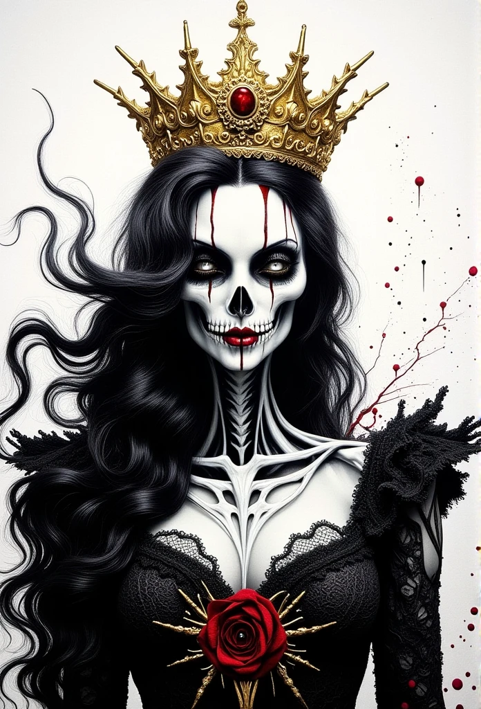 ((masterpiece)) ((photography)) ((Highest quality))  A dark and melancholic acrylic painting in impasto style, depicting a queen who is half-alive, half-skeletal, facing the viewer. She wears a radiant golden crown and a lace gown intricately adorned with fine details. The artwork contrasts the vitality of her living side with the starkness of her skeletal half, embodying the dramatic interplay of life and death. Her dynamic, flowing hair adds a surreal and romantic touch, while accents of gold and ruby red enhance the richness of the composition. The high-contrast palette features bold blacks against a white background, with ethereal splashes and delicate drops adding depth and mystery. The lacework and bone structure are rendered in exquisite detail, capturing the essence of dark fantasy and somber beauty.