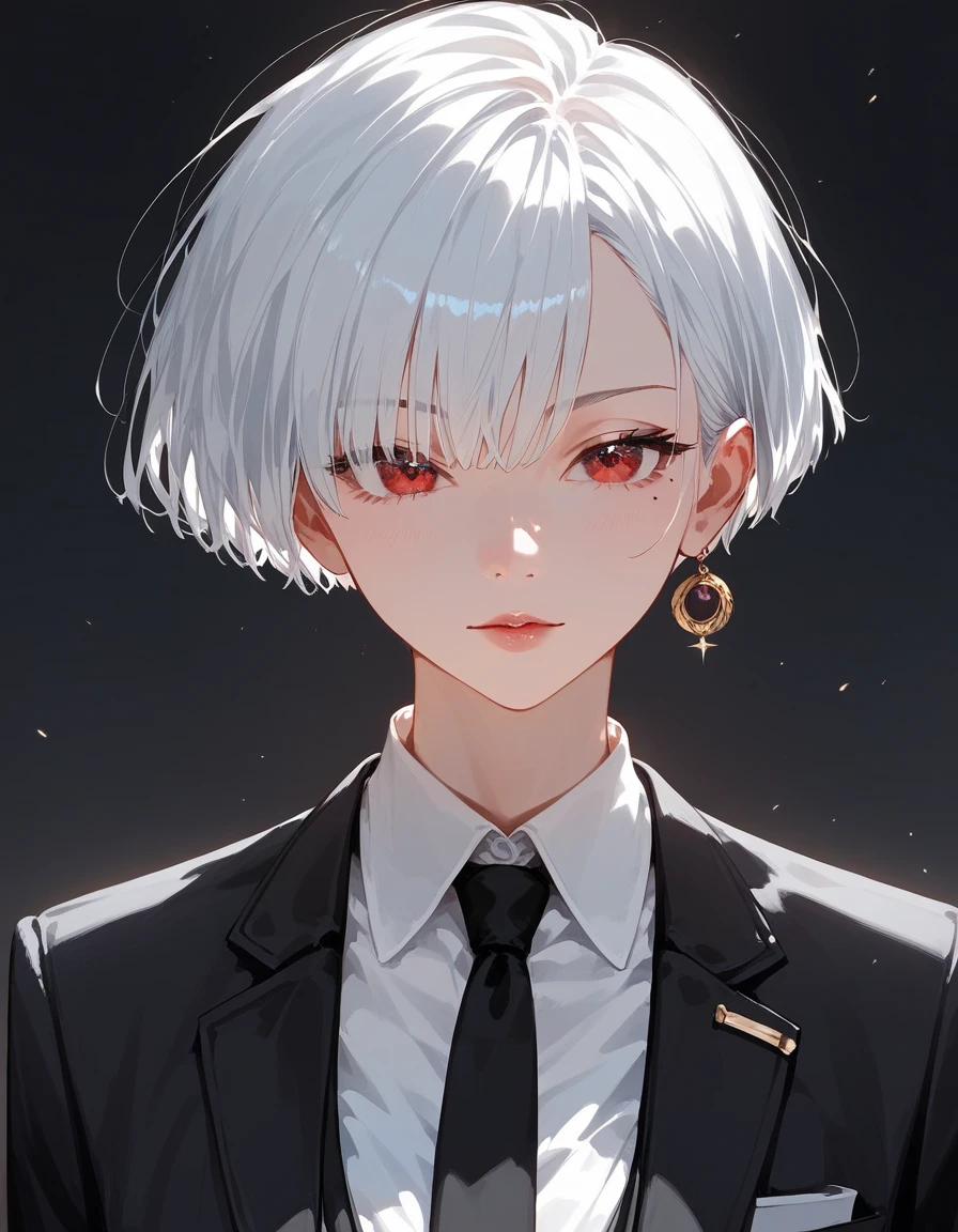 1 person,girl,Short hairบ๊อบ,Short hair, in red eyes ,Mole under the eye, Medium Bust,Suit,I closed one side., white shirt,Long Black Tie , Trousers, dark edges,White hair