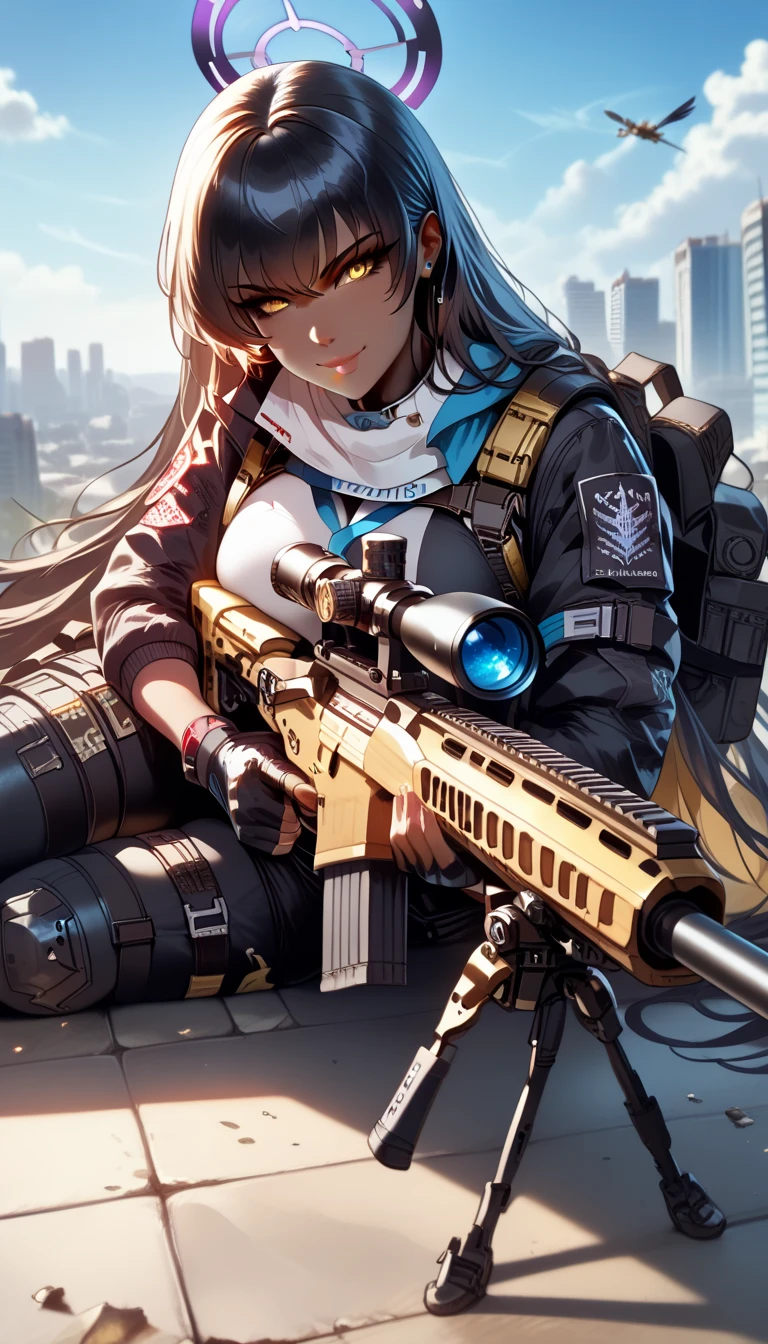 ultra-detailed, 1girl, krnba, Blue Archive, ((masterpiece)), (best quality), (highres), 16K, very dark skin, yellow eyes, very long hair, halo, wearing tactical clothes, wearing black panties, fingerless gloves, harness, tactical belt, sneakers, busty body, large breasts and a beautiful ass, showcasing cleavage, legs, hips, (holding Sniper Rifle), looking at viewer, smile, detailed face, detailed hair, detailed full body, rooftop background