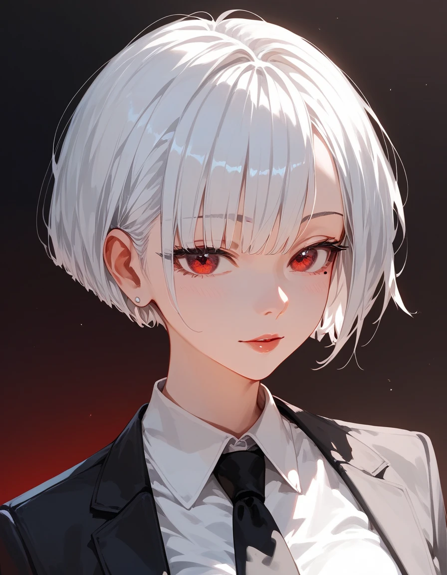 1 person,girl,Short hairบ๊อบ,Short hair, in red eyes ,Mole under the eye, Medium Bust,Suit,I closed one side., white shirt,Black tie, Trousers, dark edges,White hair