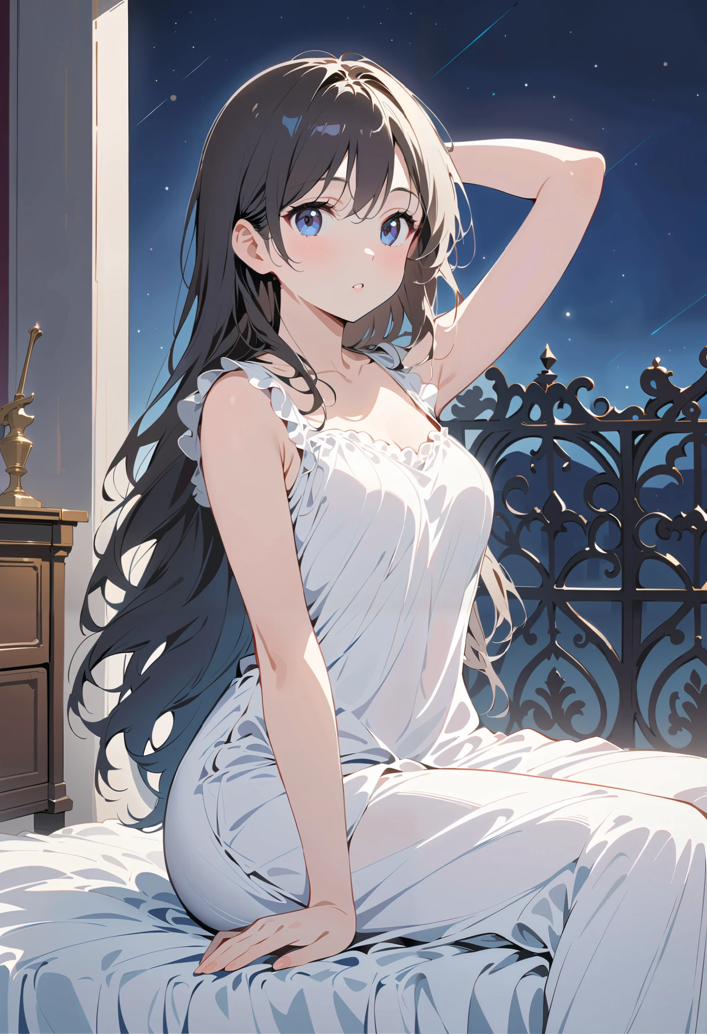   1 girl， full body portrait，classical， plain and unadorned   ，night， from the room ， Sit on the bed ， Stretch your body ，Full，Black Hair ，  long hair，  blue-black eyes ， Pure white robe ， with high slits on both sides ， Show off your legs ， Display of weapons ， color ，Mature charm，Sweet and playful  