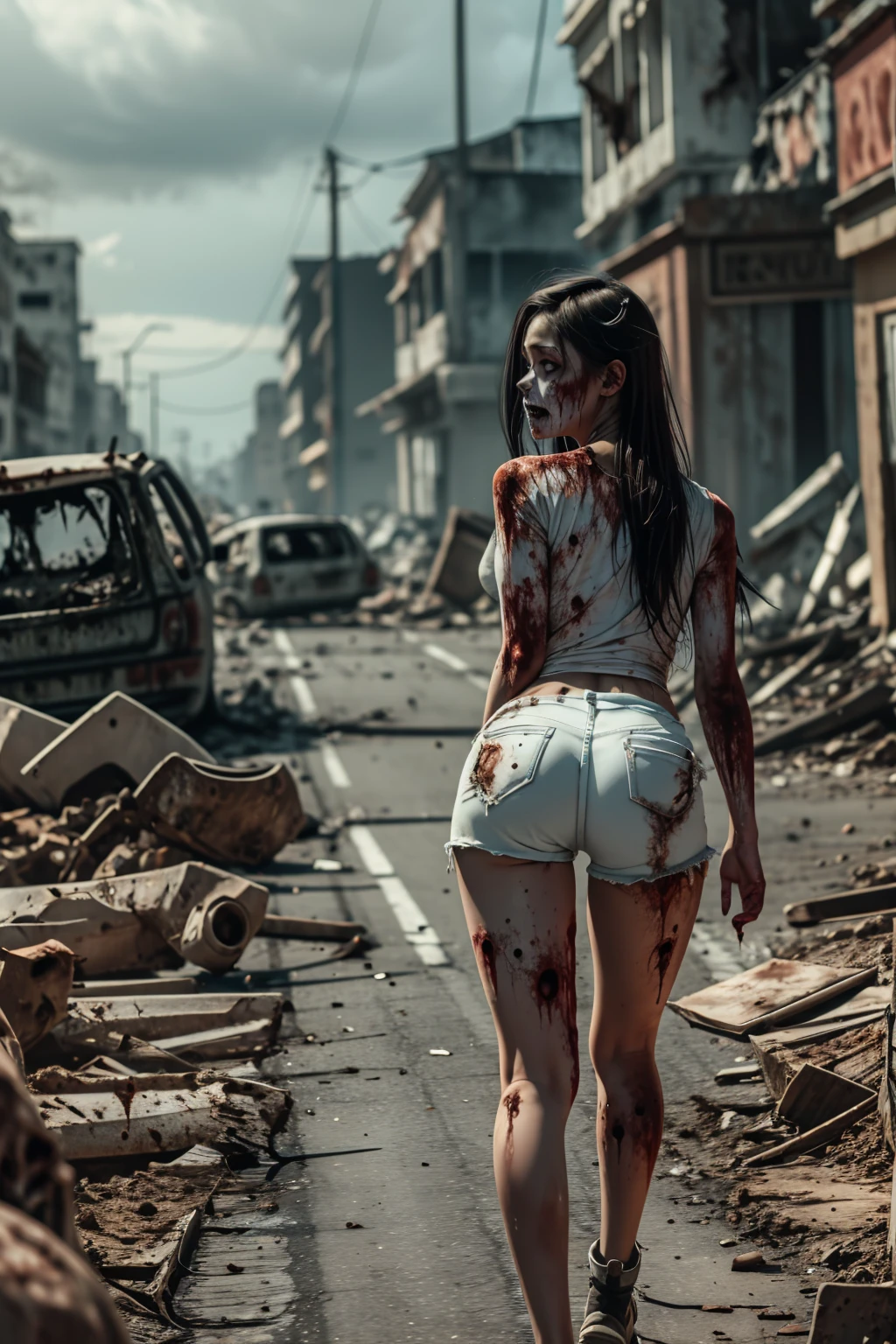 A young zombie wearing a white butt and short tight shorts with a face  and dirt walking down the wrecked street during the day.