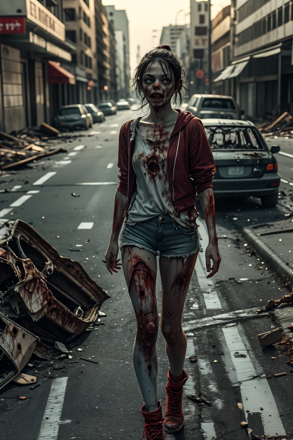 A young zombie wearing a white butt and short tight shorts with a face  and dirt walking down the wrecked street during the day.