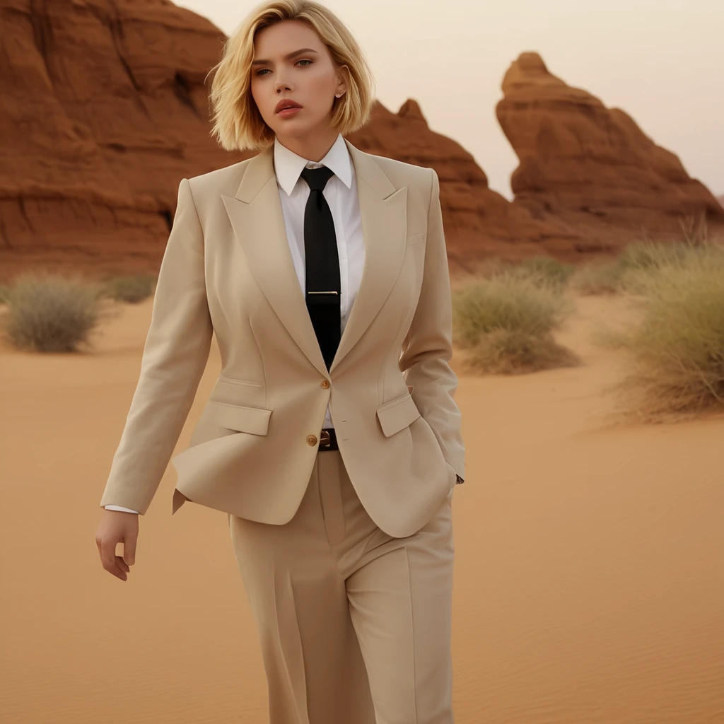 full body photo of a sensual woman with blue eyes, short blond hair, blue eyes, red lips, wearing a beige blazer and beige business pants, standing in a European-style luxury house., Business clothes, Panoramic view of the city, RAW photo, High skin detail, 8k UHD, DSLR, Soft lighting, high quality, Film grain, Fujifilm XT3.