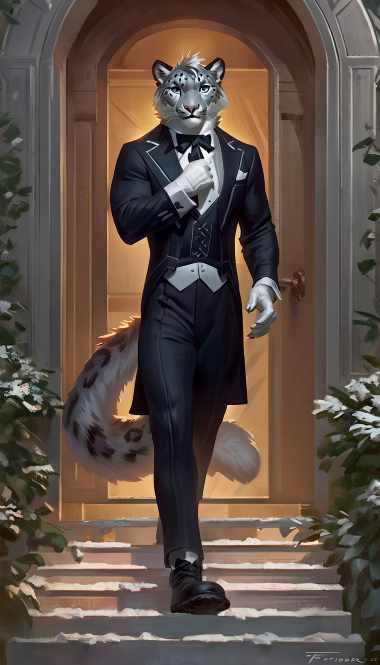 Anthro male snow leopard, posinv solo, masterpiece, best art, full body, by taran fiddler, detailed eyes, detailed body, claws, tall, black butler suit, white gloves, house scenery, arcane style