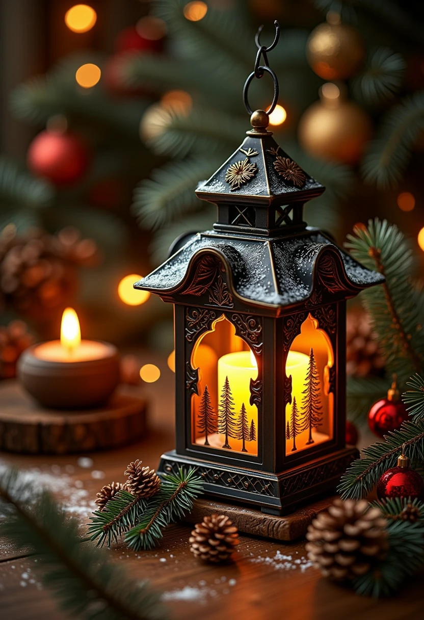 The image is a high-resolution photograph featuring a vintage, ornate lantern prominently displayed on a wooden table. The lantern, made of dark, ornately decorated metal, has intricate, handcrafted details and a pointed roof dusted with snow. Inside the lantern, a small, glowing candle flickers, casting a warm, golden light that illuminates delicate, hand-painted snowflakes and pine trees. The candlelight creates a cozy, inviting atmosphere.