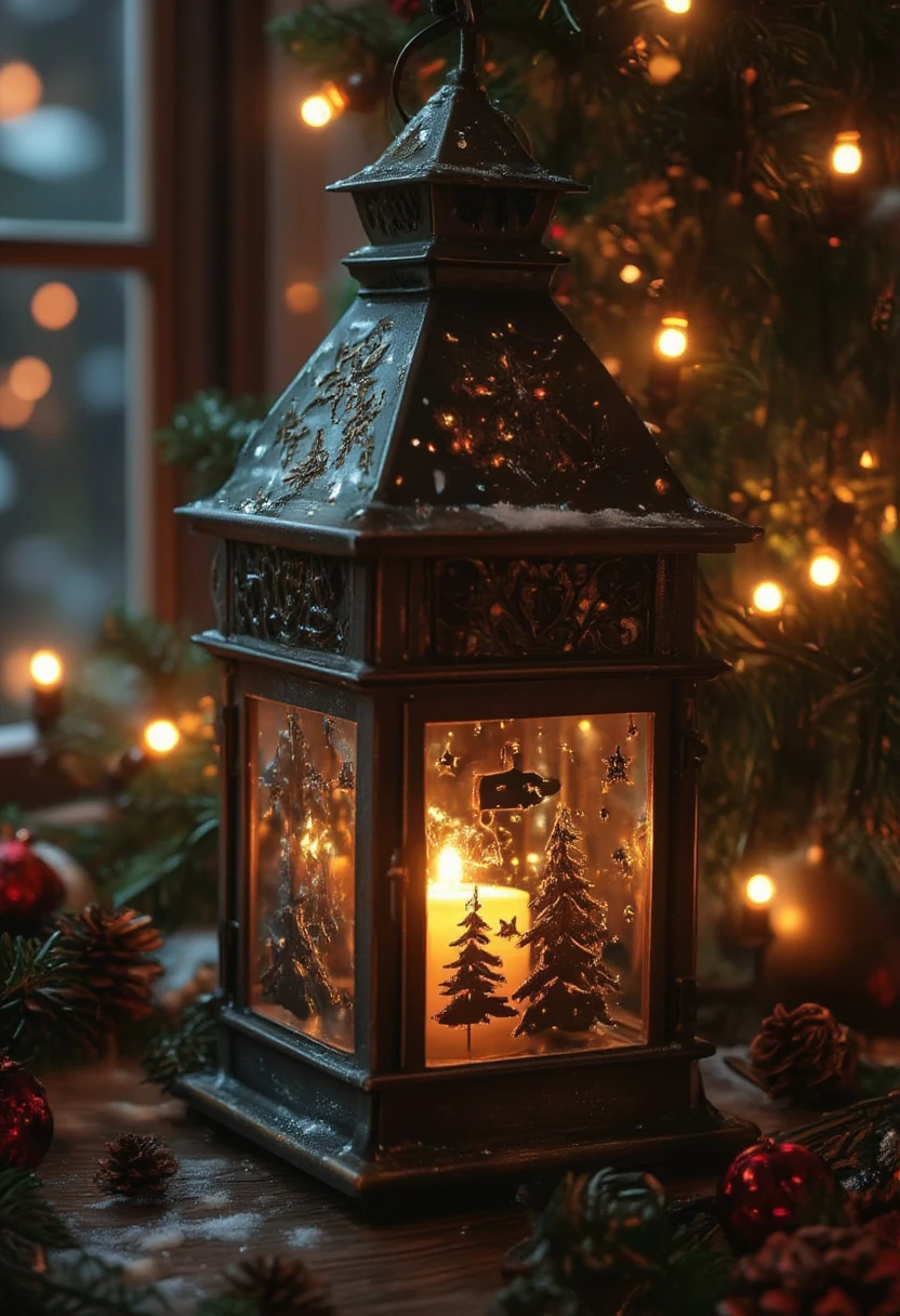 The image is a high-resolution photograph featuring a vintage, ornate lantern prominently displayed on a wooden table. The lantern, made of dark, ornately decorated metal, has intricate, handcrafted details and a pointed roof dusted with snow. Inside the lantern, a small, glowing candle flickers, casting a warm, golden light that illuminates delicate, hand-painted snowflakes and pine trees. The candlelight creates a cozy, inviting atmosphere.