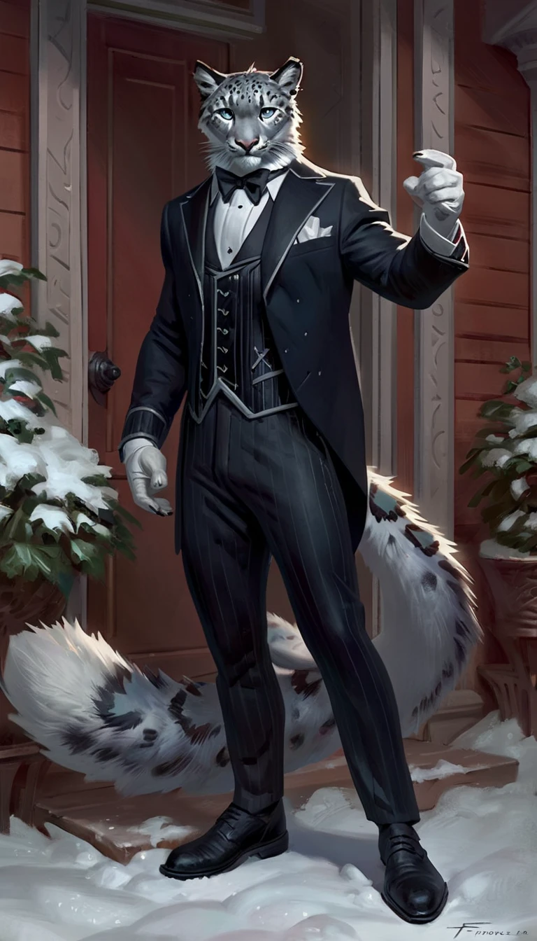 Anthro male snow leopard, solo, masterpiece, best art, full body, by taran fiddler, detailed eyes, detailed body, claws, tall, black butler suit, white gloves, palladin, house scenery, arcane style