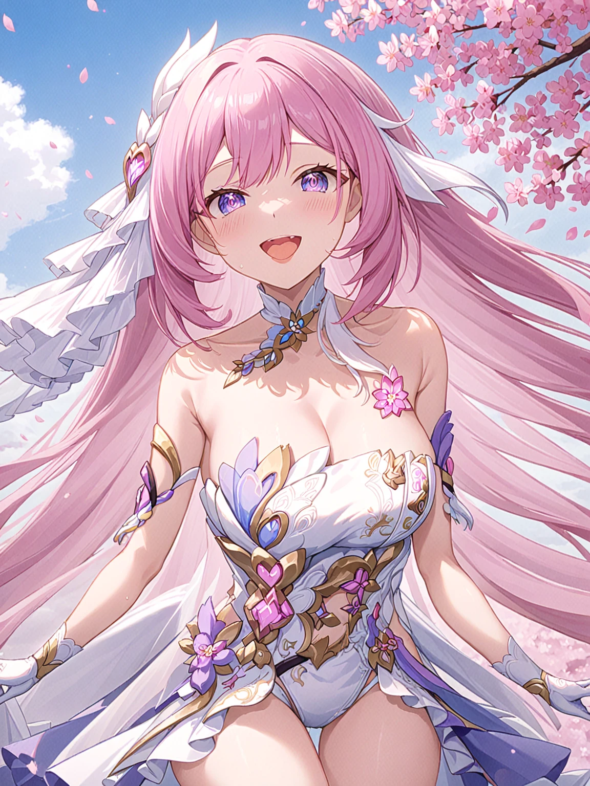 1girl, elysia \(honkai impact\), solo, smile, looking at viewer, gloves, white gloves, dress, sky, white dress, cleavage, bare shoulders, breasts, blue sky, cherry blossoms, cloud, grin, :d, outdoors, cloudy sky, elbow gloves, teeth, tree, upper body, open mouth((velocIty)),Yellow smoke,Attacked by farts, ((girl stand)),velocIty,(Yellow smoke Is rIsIng) gIrl smells a fart and smIled frowned)),((fart whIle traInIng)),((blushIng)),(masterpIece:1.2、top-qualIty)