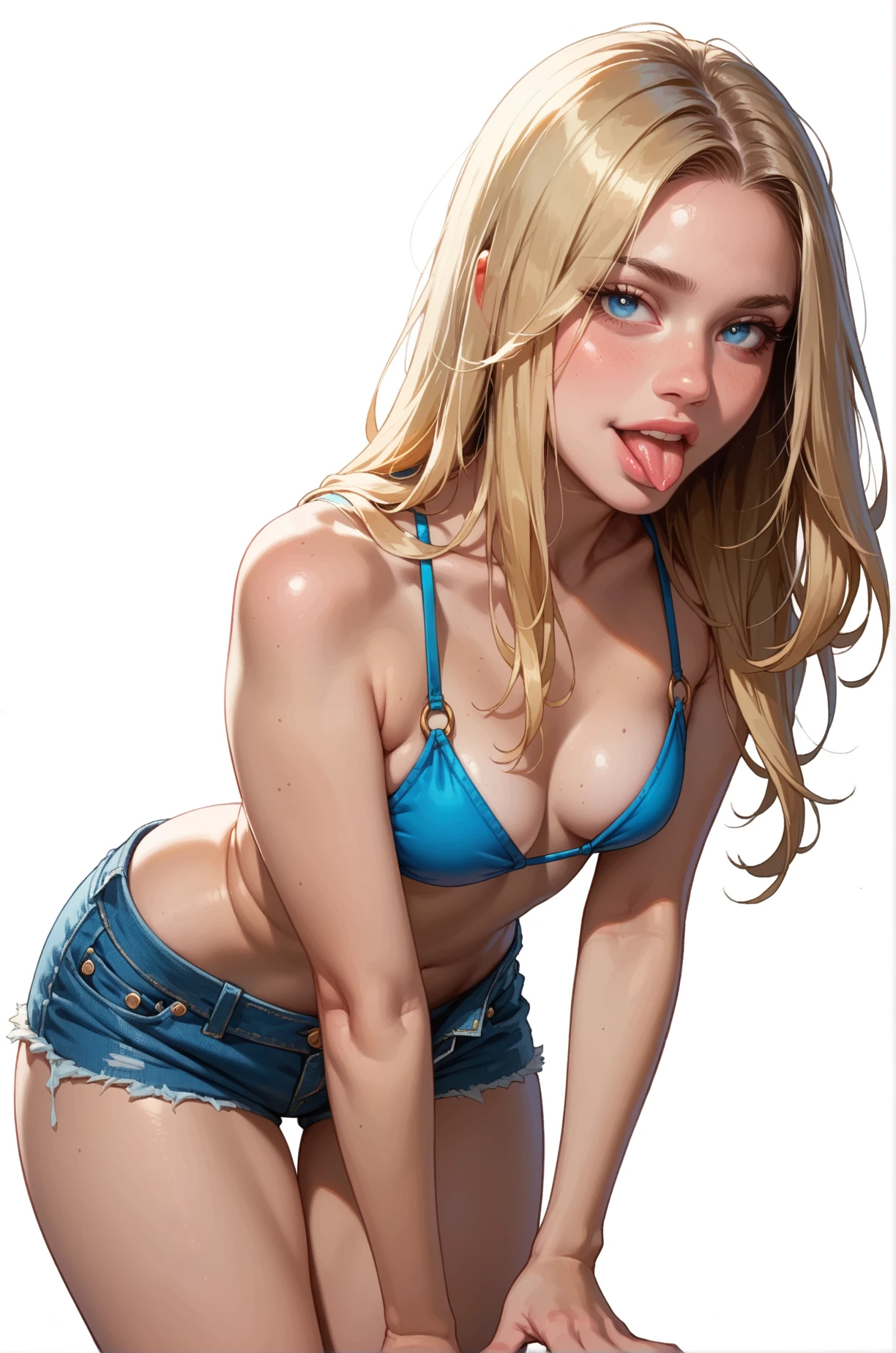 score_9, score_8_up, score_7_up, cartoon of a girl, solo, sexy, slutty, pale skin, blue eyes, blonde hair, straight hair, denim shorts, blue bikini top, small breast, wide hips, sticking out her tongue, leaning forward, in knees, standing, white background
