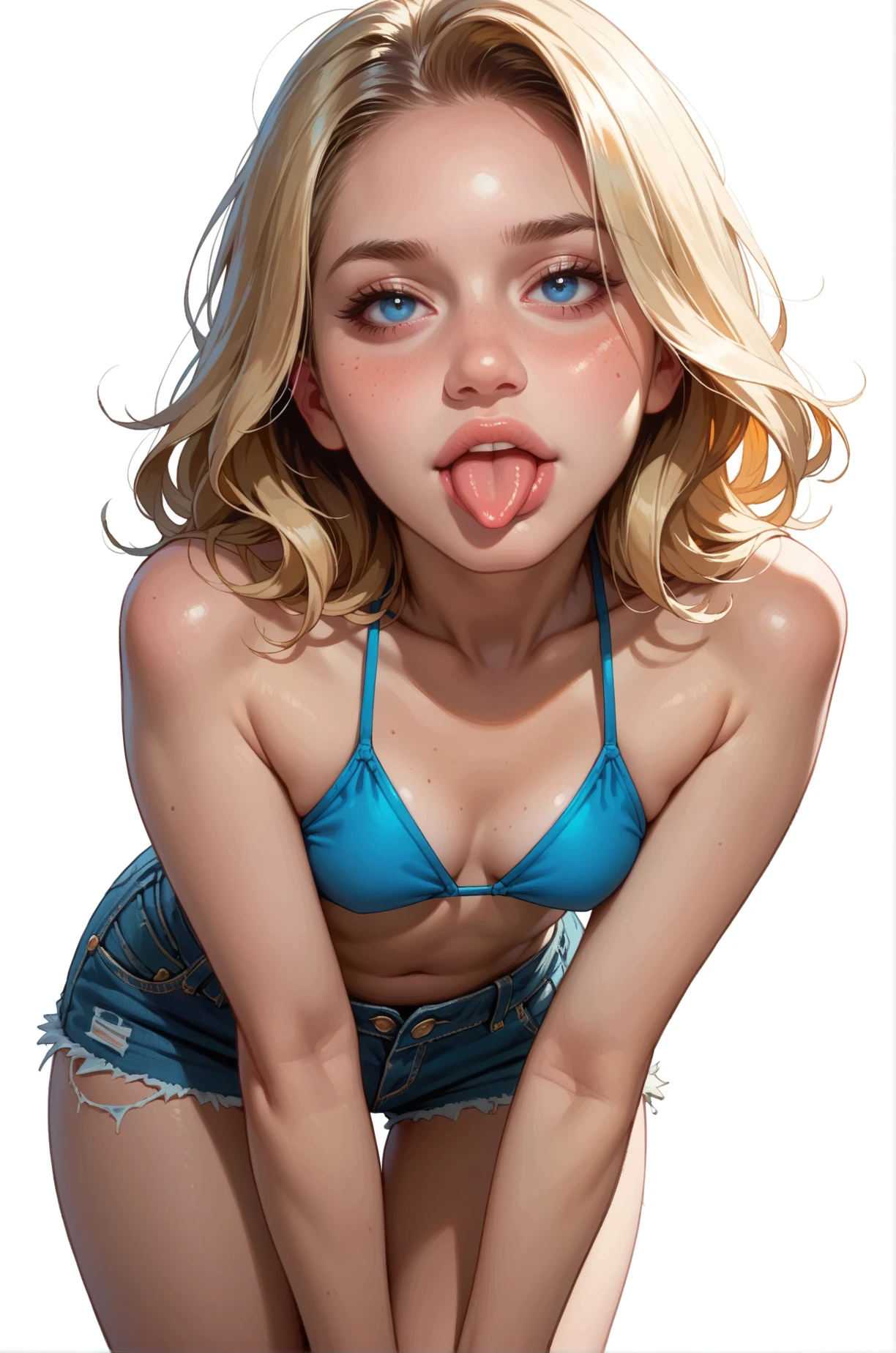 score_9, score_8_up, score_7_up, cartoon of a girl, solo, sexy, slutty, pale skin, blue eyes, blonde hair, straight hair, denim shorts, blue bikini top, small breast, wide hips, sticking out her tongue, leaning forward, in knees, standing, white background
