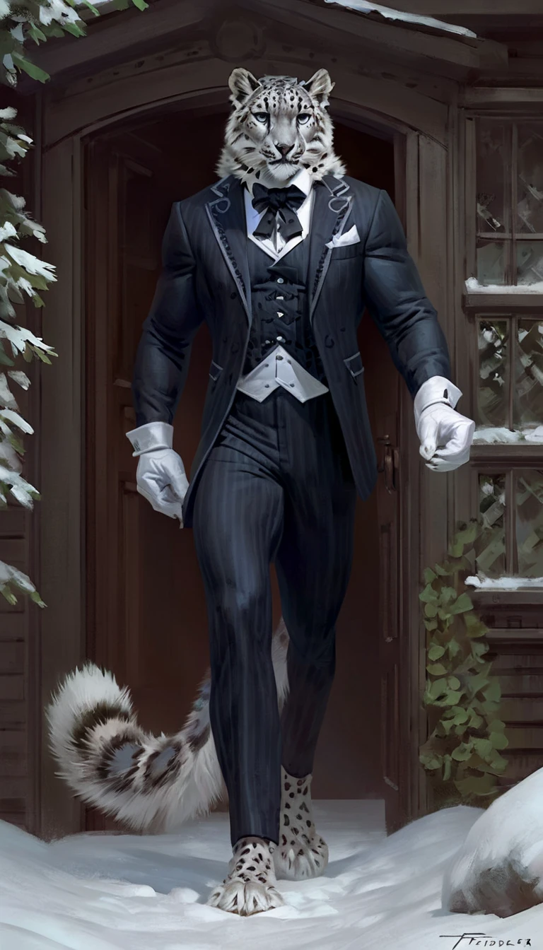 Anthro male snow leopard, solo, masterpiece, best art, full body, by taran fiddler, detailed eyes, detailed body, claws, tall, black butler suit, white gloves, palladin, house scenery, arcane style