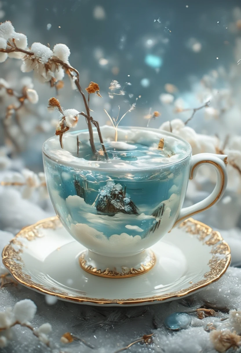 This is a highly detailed, whimsical digital artwork showcasing a surreal scene. The central focus is a large, ornate teacup filled with a serene, snow-covered landscape. The teacup, which has intricate gold detailing on its rim and base, is placed on a matching saucer with a delicate, lace-like pattern.