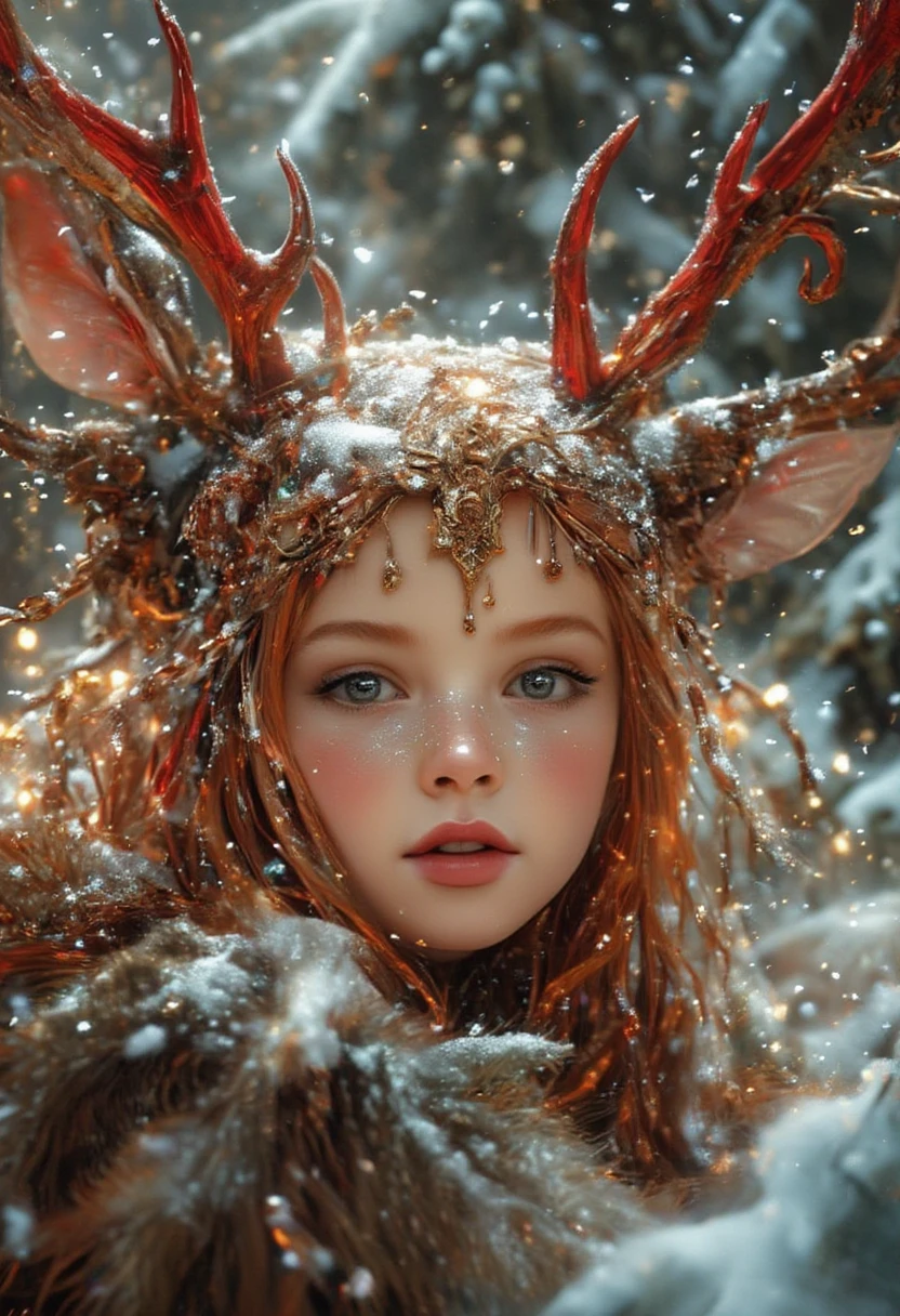 The image is a highly detailed, photorealistic CGI illustration featuring a young girl with striking, vibrant red hair styled in loose, wavy locks. Her hair is adorned with large, ornate, red and gold headpiece resembling a stylized deer antler, covered in a light dusting of snow, giving it a magical, winter wonderland feel. The girl has piercing blue eyes, freckles across her cheeks and nose, and a gentle, slightly mischievous smile.