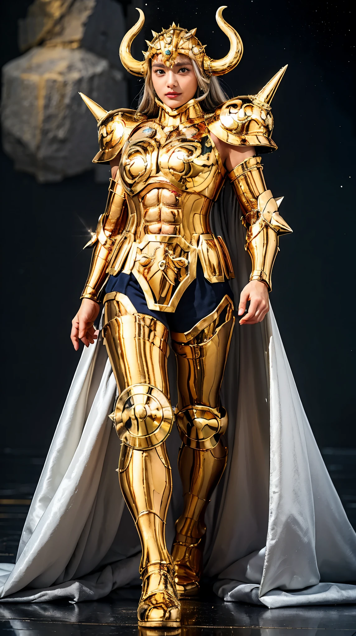 (( 1 woman )))  beautiful 女性,  ultra-realistic photo shoot with cutting-edge details, Greek ruins in the background. ( shiny shiny golden metal armor), Saint Seiya Armor, (((Cancer Armor))),  beautiful,  tanned skin, Every detail,  beautiful face with details, walking at the  ancient Greek ,  ancient Greek ,  super high resolution , 8k,  Milky Way, Night Sky, ((Wear a golden, horned helmet )), Sexy Armor , (Light grey colored hair ),((Hold in an arms-folded position)),(Spike Shoulder Armor ),