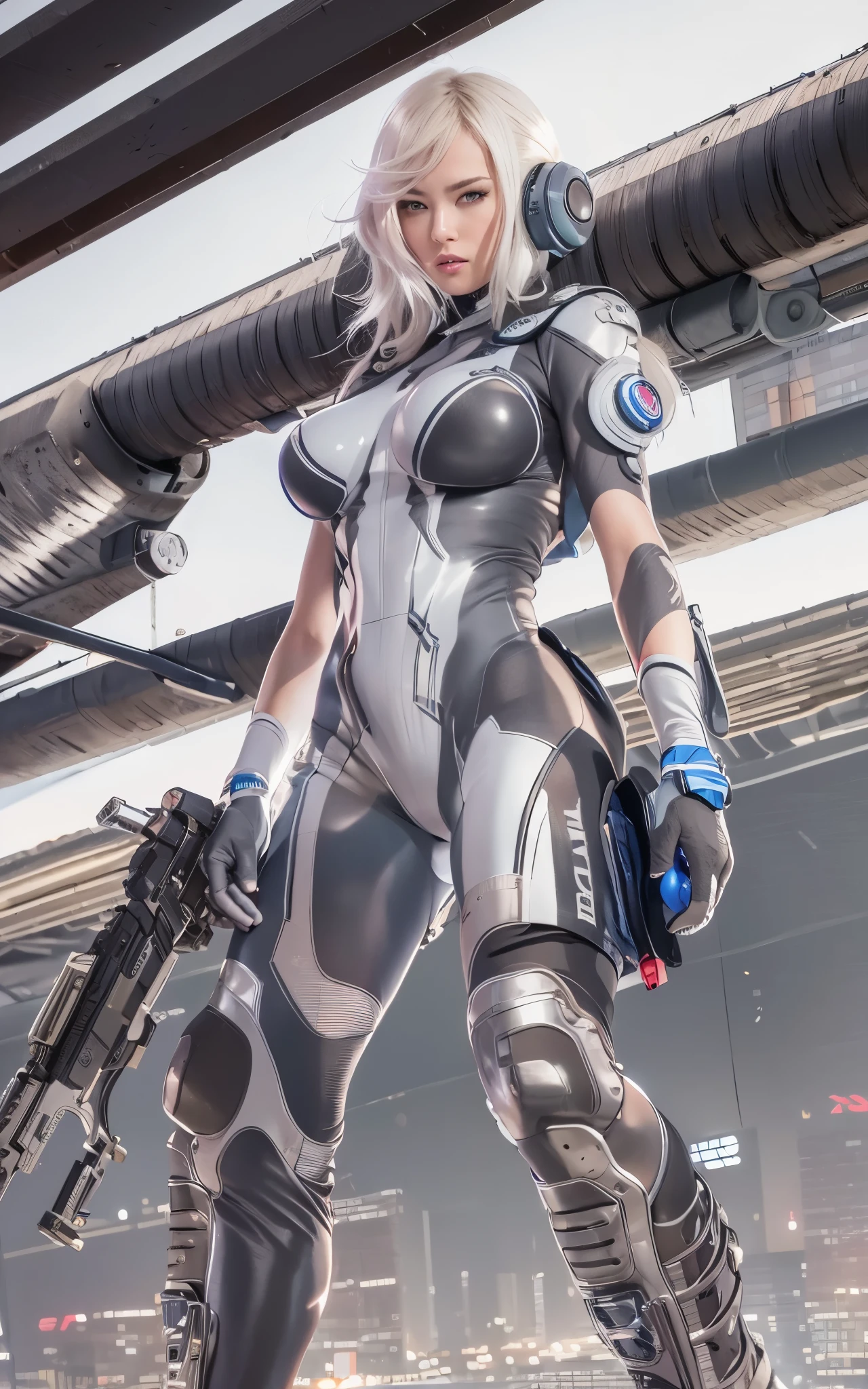 ((Best Quality)), ((masutepiece)), (Detailed: 1.4), (Absurd), Caucasian female fighter pilot ready for war, front walking, muscular sculptural body defined, Closed mouth, muscular body covered by technological clothing, Cyberpunk, ((perfect large breasts)), (blue eyes without pupils), long manga-style eyelashes, close to real, Crazy face, Sexy Pose, Centered, scale to fit the dimensions, nffsw (High dynamic range),Ray tracing,Hyper-Resolution,Unreal 5,Subsurface Dispersion, PBR Texture, Post-processing, Anisotropy Filtering, depth of fields,  Maximum clarity and sharpness, Multilayer textures, Surface Shading, accurate simulation of light and material interactions, Perfect proportions, thirds rule, top-quality, in 8K, ultra-detailliert, Being on the roof of a skyscraper, Smooth bodysuit, spiffy white zero suit