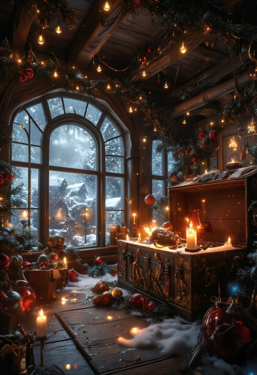 This is a highly detailed, realistic CGI image depicting a festive, cozy indoor scene. The setting appears to be a rustic, wooden-paneled room with large windows, through which a snowy landscape can be seen. The room's wooden floor and ceiling add to the warm, inviting atmosphere. 

In the center-right of the image, there's a large, ornate trunk with intricate, golden decorations and a detailed, vintage design.