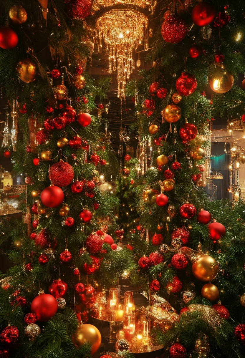 The image is a photograph showcasing an opulent, festive indoor setting, likely a Christmas-themed room or boutique. The ceiling is adorned with an extravagant display of green foliage, predominantly pine branches, and an abundance of red and gold Christmas ornaments. Large, shiny red baubles and smaller, sparkly ones are interspersed throughout the lush greenery. Additionally, delicate, crystal-like strands hang down, creating a cascading effect, adding a touch of elegance and sparkle.