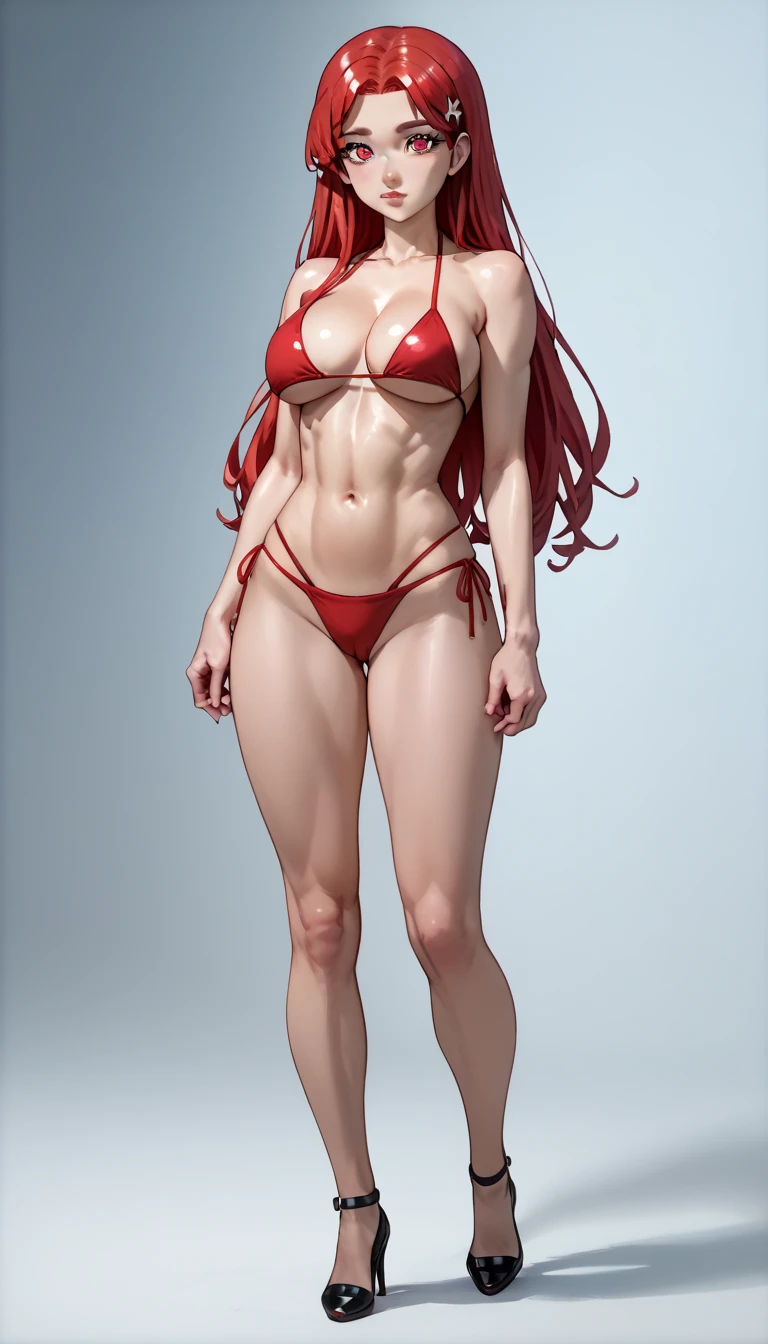 1 girl, (medium breasts))), (((wearing a very sexy short bikini))), (((long red hair))), (((red eyes))), thin arms, (in the motel room) , (slim waist), (((muscular legs))), muscular belly, bare feet, (Stand up)(((looking at me))), (full body photo), (red eyes, ((( twintails))), Long Eyes, reflex eye, bad mood, anime, anime style, ray tracing, shine, drop shadow, panorama, Sony FE, 8k, UDisk, master piece, accurate, anatomically correct, Super Detail, best quality, ultra high resolution, hard disk, 16k