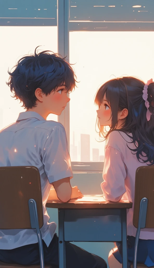 an anime illustration of a boy looking at a girl in class. he sits at the back of the class, blushing, admiring her from afar. The camera focuses on the boy who is facing the viewer, while the girl he admires is in the foreground. the girl, facing the viewer, doesn't realize about the boy and continues to talk to the person beside her. The atmosphere is dreamy where it captures the lovey-dovey mood, using a prominent of warm fuzzy colors such as baby blue and pink.