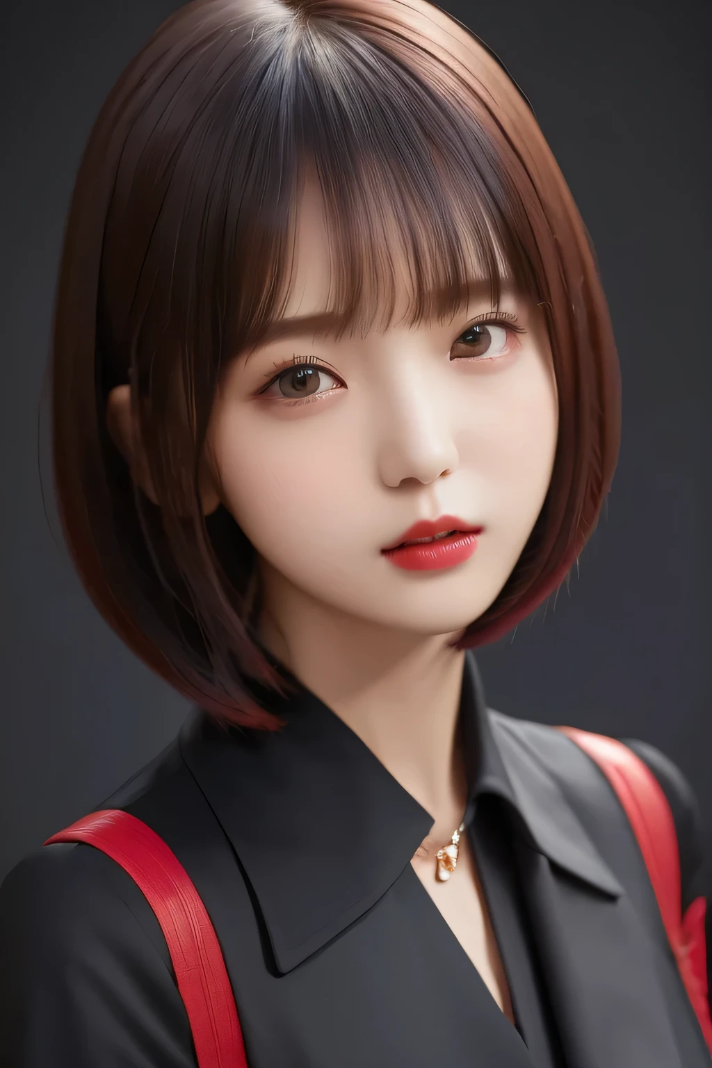 (masterpiece、 top quality、 Super detailed description、 super high resolution )、 girl、solo、 slim、 slender 、cute、 idol face、、Face Shot、 wear a black jacket、Red bob cut hair 、Dark Background