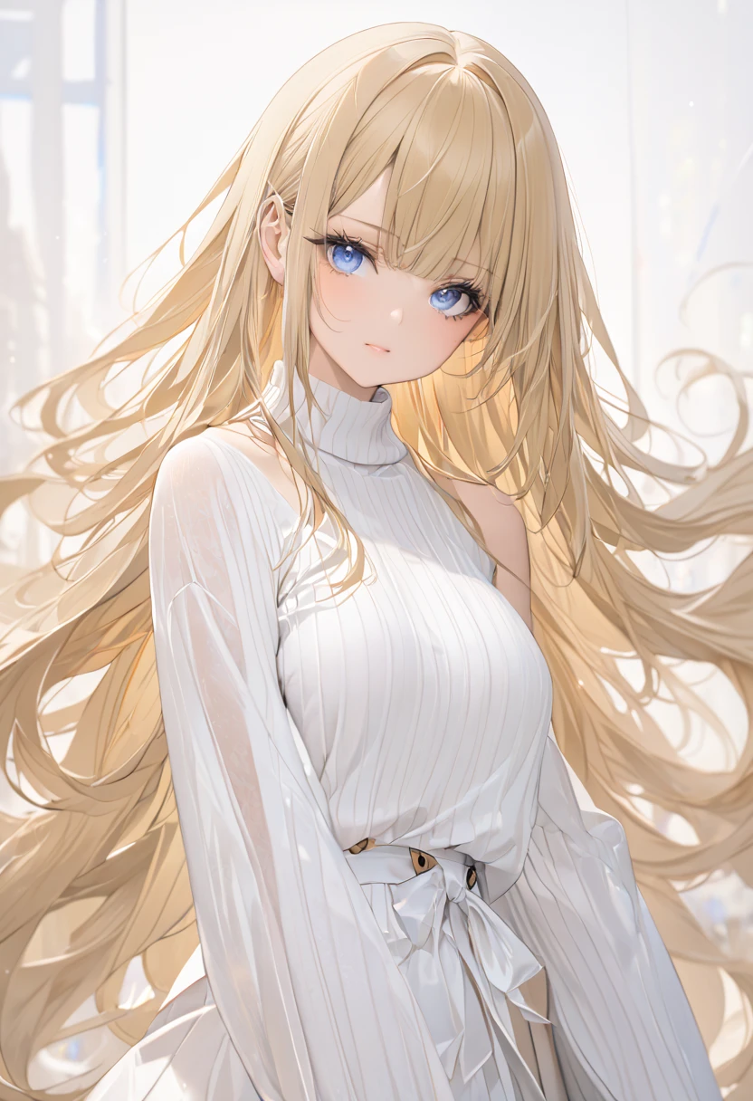 (Masterpiece),(best quality),one Girl, blonde hair, long hair, asymmetry bangs,straight hair, long hair, blue eyes,