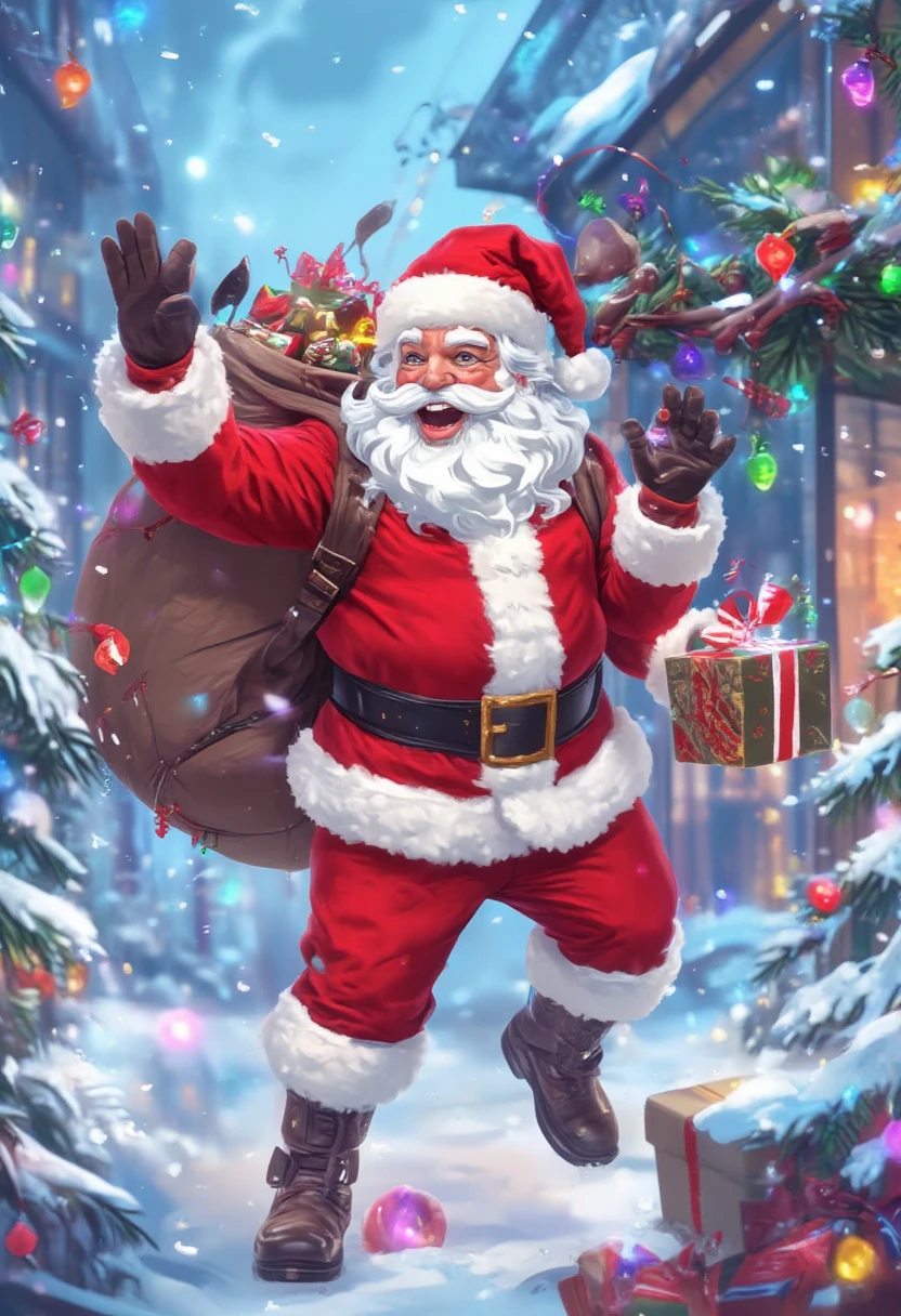 This is a vibrant, high-resolution digital illustration capturing a festive, wintry scene. The central figure is Santa Claus, depicted as a jolly, bearded man with a joyful expression, wearing his iconic red suit trimmed with white fur, a black belt, and brown boots. He carries a large, festive sack slung over his shoulder, filled with gifts, and holds a small, intricately wrapped present in his right hand. Santa's left arm is raised in a friendly wave.