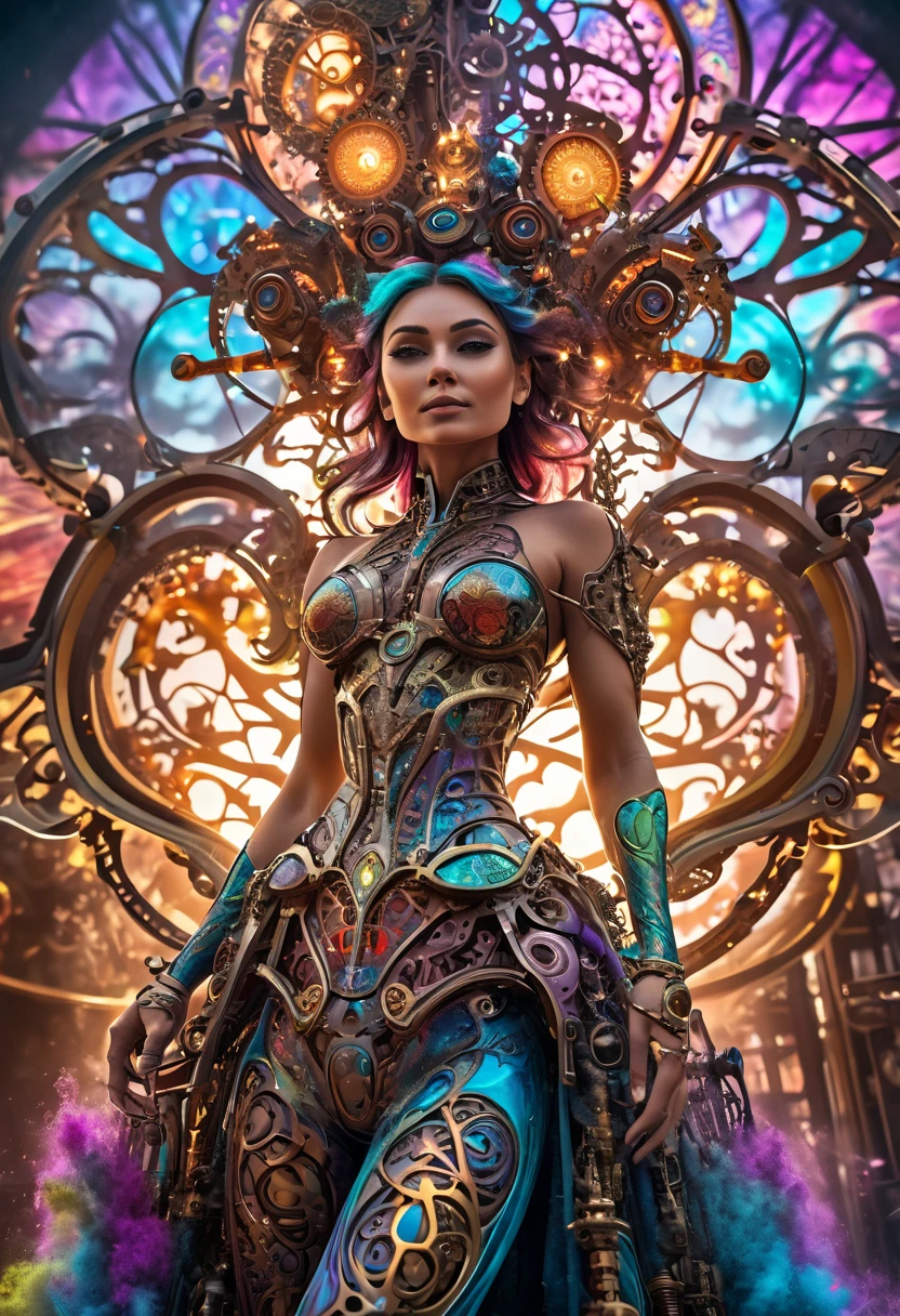 A dreamlike surreal tree of life, colorful ethereal smoke, insane hyperdetailed intricate steampunk details, intricate machinery, highly detailed gears, complex mechanical parts, vivid colors, dramatic lighting, cinematic atmosphere, photorealistic, 8k, best quality, masterpiece, conceptual installation fantasy art, execution tool, beautiful woman smiling fearlessly inside (iron maiden), attractive and seductive face, covered in tattoos, superlative body proportion, countless iridescent dust falling, rust, chain, Heaven and Hell fusion, (ultra detailed, absolutely resolution, best quality:1.3), 2.5D, delicate and dynamic, graphic CG digital art