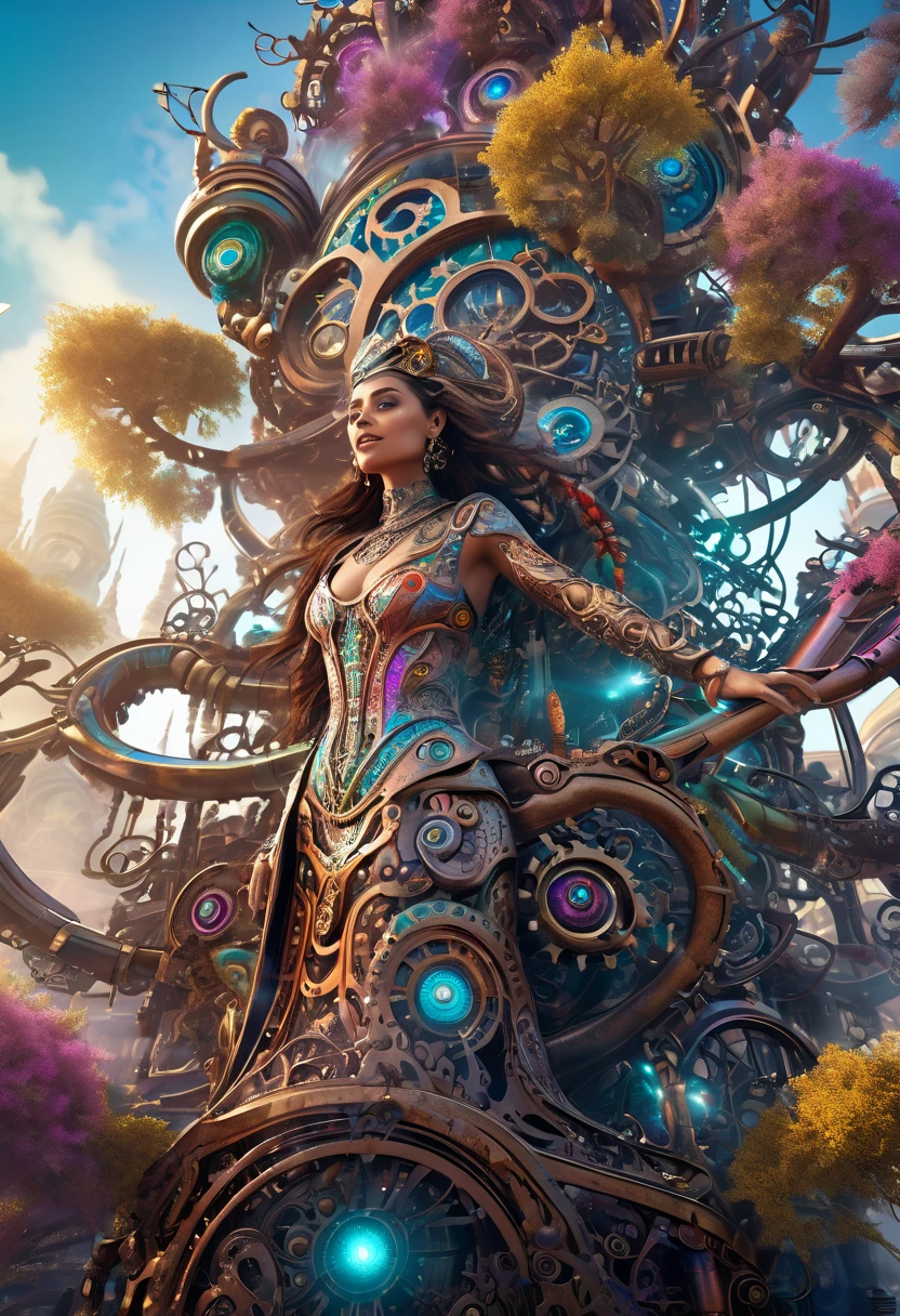 A dreamlike surreal tree of life, colorful ethereal smoke, insane hyperdetailed intricate steampunk details, intricate machinery, highly detailed gears, complex mechanical parts, vivid colors, dramatic lighting, cinematic atmosphere, photorealistic, 8k, best quality, masterpiece, conceptual installation fantasy art, execution tool, beautiful woman smiling fearlessly inside (iron maiden), attractive and seductive face, covered in tattoos, superlative body proportion, countless iridescent dust falling, rust, chain, Heaven and Hell fusion, (ultra detailed, absolutely resolution, best quality:1.3), 2.5D, delicate and dynamic, graphic CG digital art