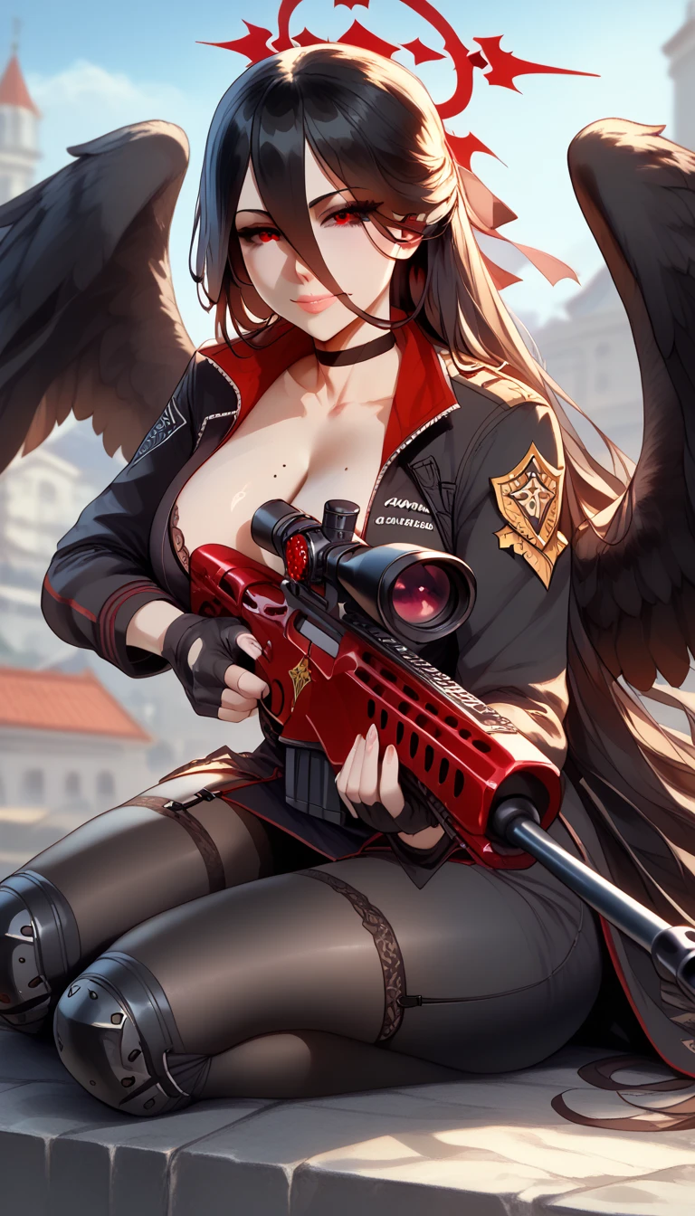 1 girl, assault rifle, bangs, breasts, cleavage, feather wings, fishnet leg suit, fishing net, gun, hair between eyes, holding a gun, long hair, looking at the audience, red eyes, rifle, solo, thighs, very long hair, weapons, wings