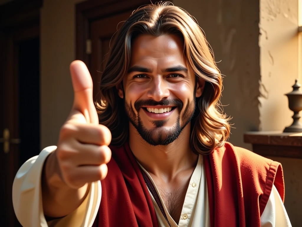 


Jesus giving a thumbs up and winking at the screen, 8k, ultra realistic