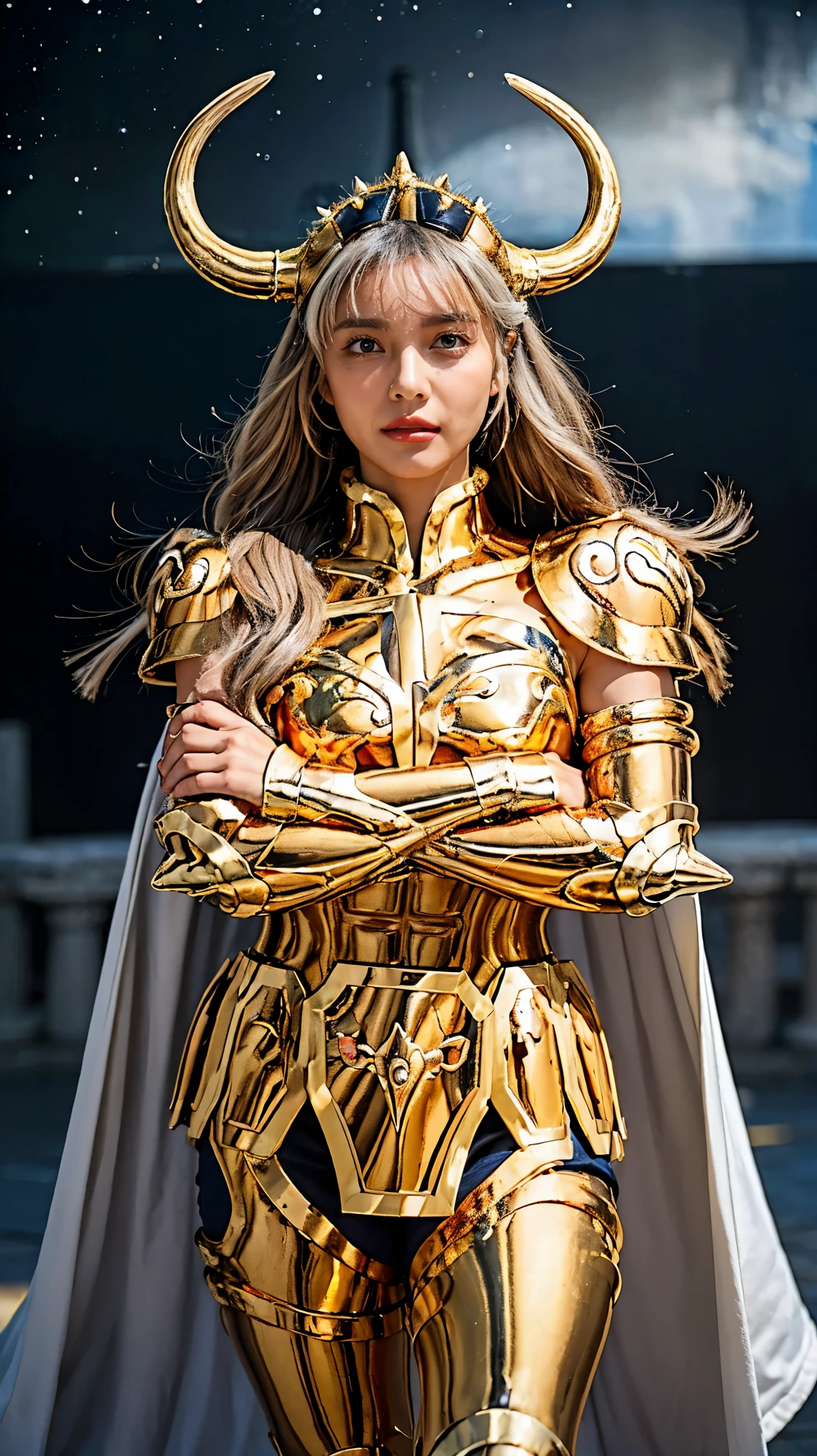 (( 1 woman ))) beautiful 女性, ultra-realistic photo shoot with cutting-edge details, Greek ruins in the background. ( shiny shiny golden metal armor), Saint Seiya Armor, (((Cancer Armor))), beautiful, tanned skin, Every detail, beautiful face with details, walking at the ancient Greek , ancient Greek , super high resolution , 8k, Milky Way, Night Sky, ((Wear a golden, horned helmet )), Sexy Armor , (Light grey colored hair ),((Hold in an arms-folded position)),(Spike Shoulder Armor ),( bust up),