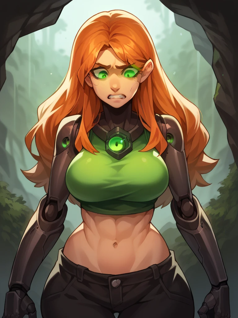 Score_9, score_8_up, score_7_up, score_6_up,  source_anime, HFWAloy, 1girl, Aloy, breast expansion, orange hair, long hair, green eyes, solo, upper body, BREAK, machina, glowing eyes, BREAK, joints,  BREAK, midriff,   wide hips, BREAK, OverallDetailXL,  