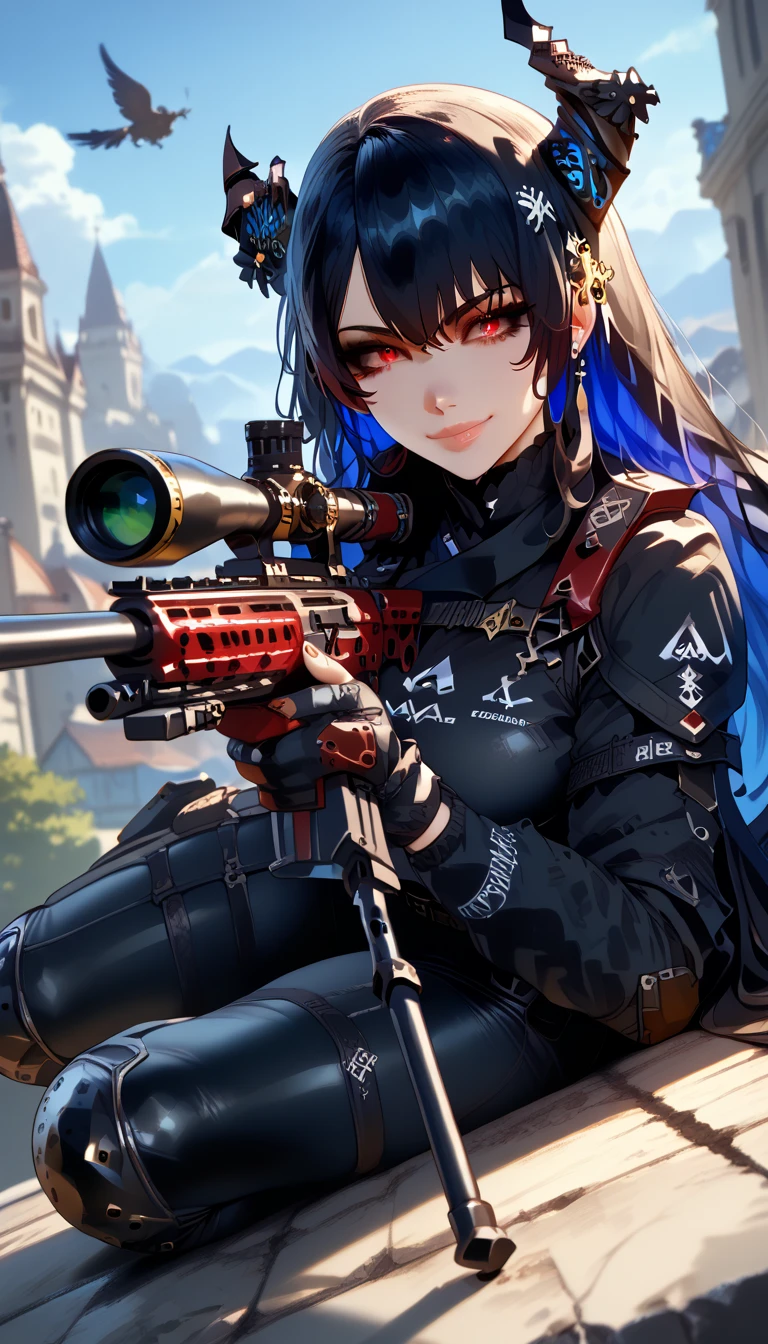 ultra-detailed, 1girl, NerissaRavencroft, ((masterpiece)), (best quality), (highres), 16K, colored inner hair, black hair, blue hair, red eyes, slit pupils, uneven horns, long hair, narrow waist, wide hips, thick thighs, wearing tactical clothes, tactical belt, knee pads, boots, black panties, busty body, large breasts and a beautiful ass, showcasing cleavage, legs, hips, (holding Sniper Rifle), looking at viewer, smile, detailed face, detailed hair, detailed full body, sitting on rooftop